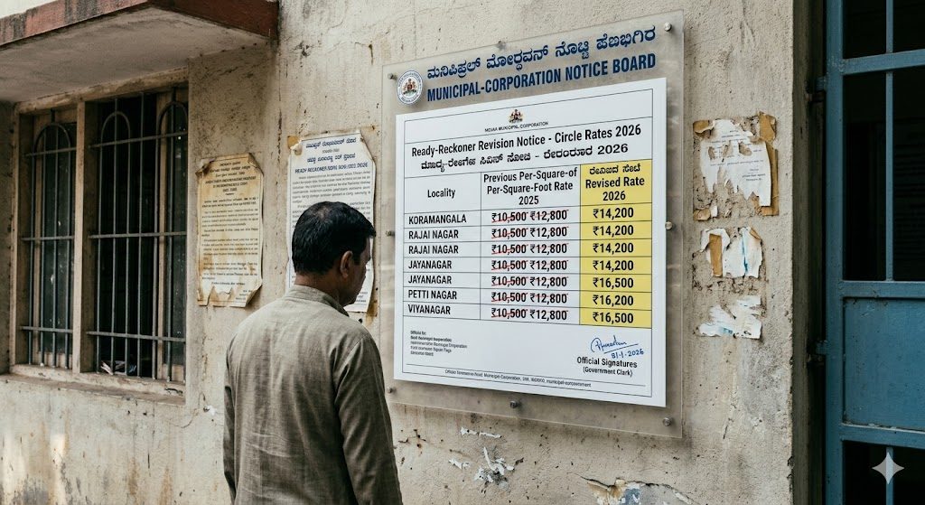 Municipal circle-rate revision notice mounted on a government-office notice board, showing locality-wise per-square-foot rates with the previous year struck through and the new year highlighted, in English and the state language — the quiet annual update that determines what stamp duty a buyer actually pays on registration day