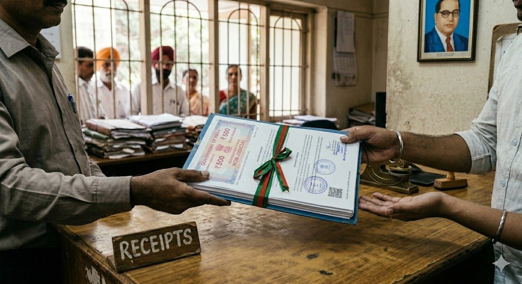 Sub-registrar's clerk handing a registered sale deed across the counter to a young Indian buyer couple at the end of their registration day — the bound deed visible with seal and ribbon binding, a moment of quiet relief rather than celebration as the title legally comes into existence