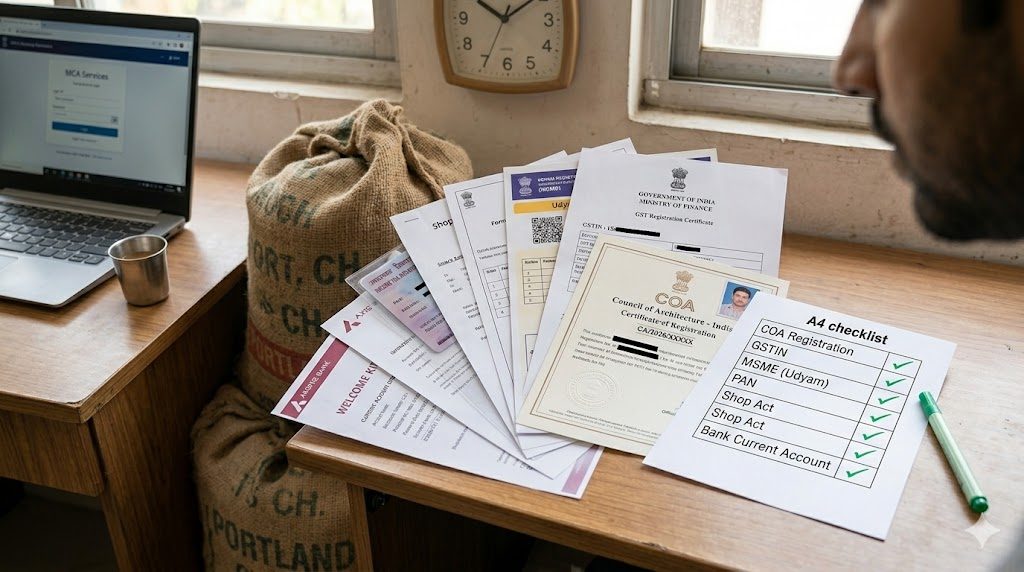 Stack of freshly-issued registration papers fanned on a designer's wooden desk — COA Certificate of Registration on top (Architects Act 1972, embossed seal), with GST Certificate (REG-06), Udyam (MSME) certificate, PAN photocopy, Shop & Establishment certificate, and bank current-account welcome letter beneath, plus a green-ticked setup checklist alongside. The unglamorous moment a design practice becomes a real business — six certificates that turn a graduate into a registered professional ready to invoice