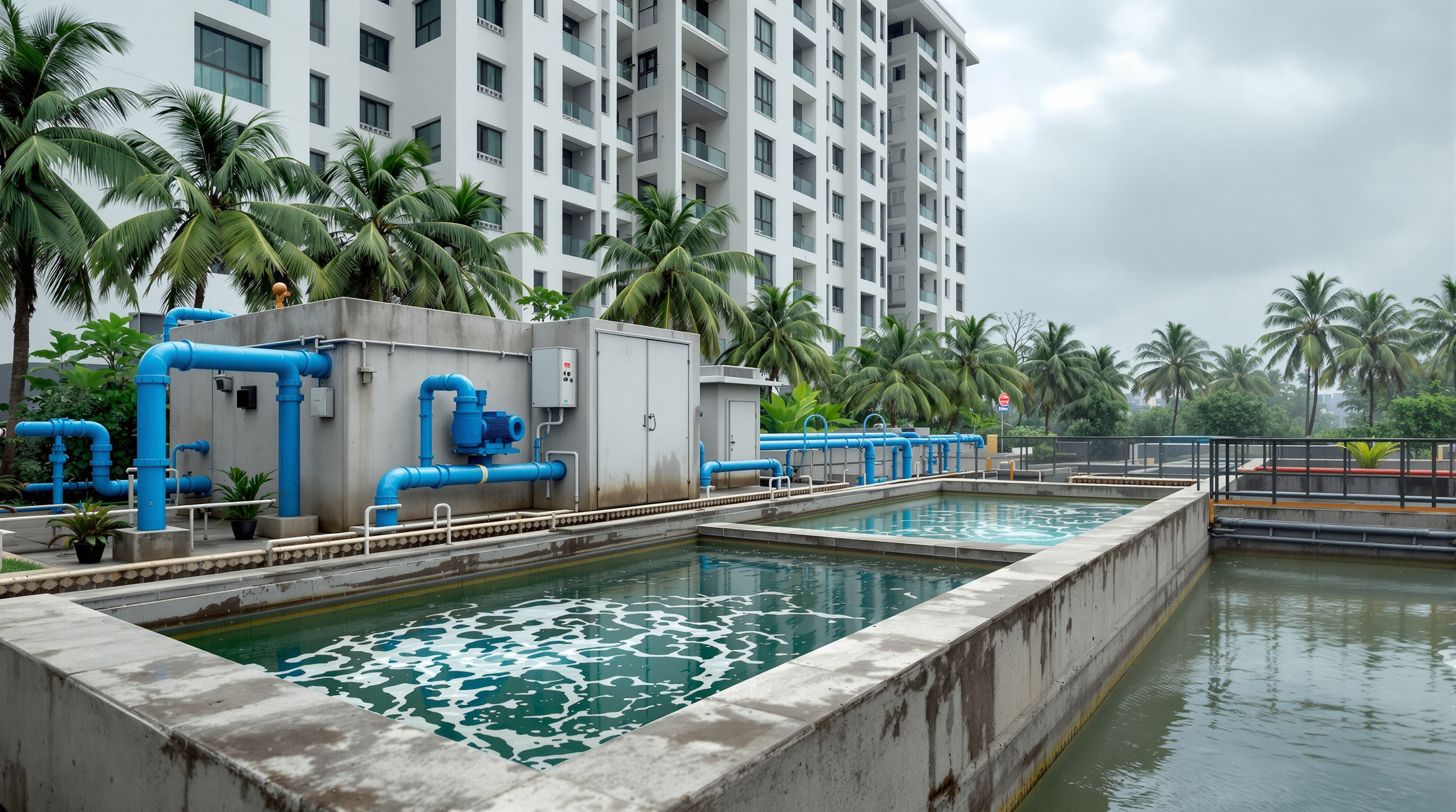 Compact packaged sewage treatment plant with aeration tanks installed beside a multi-storey residential apartment complex in an Indian city