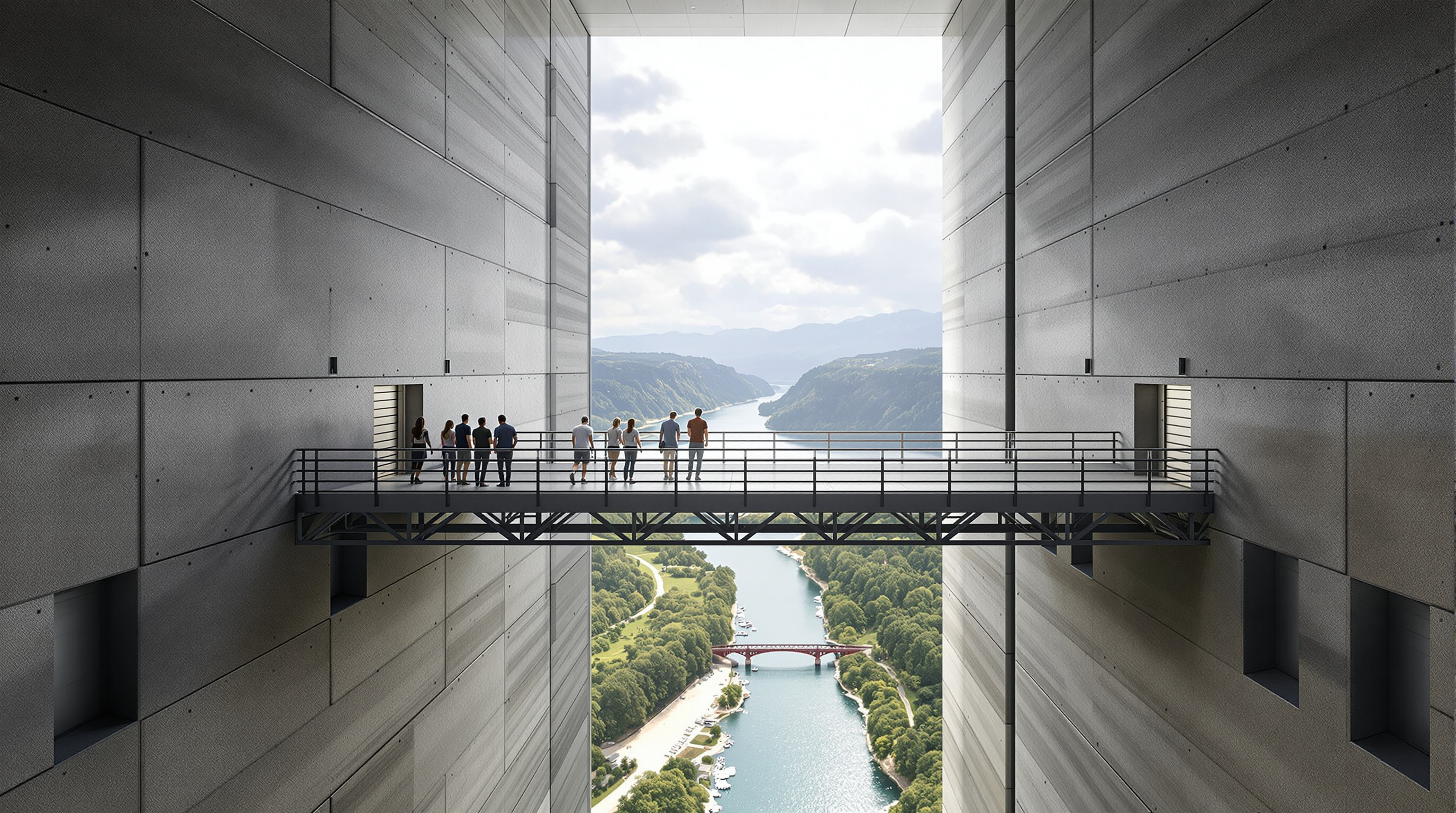 Interior view inside a colossal statue: a steel-framed viewing gallery high in the chest of the figure, visitors looking out through a narrow horizontal opening across a river valley, with the reinforced-concrete core wall and lift doors visible behind them