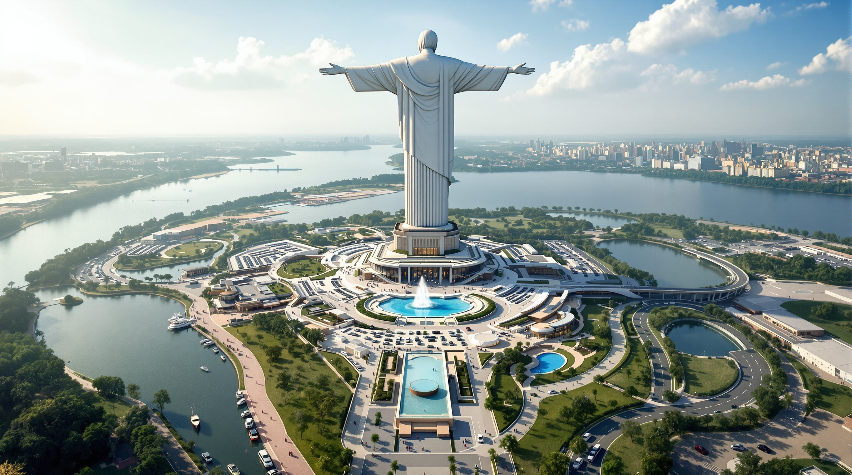 Wide aerial view of a colossal statue's masterplanned precinct: the giant figure rising from a landscaped riverside campus with car parks, gardens, a musical-fountain pool, visitor pavilions and a winding approach road, tour buses and crowds tiny against the monument's scale
