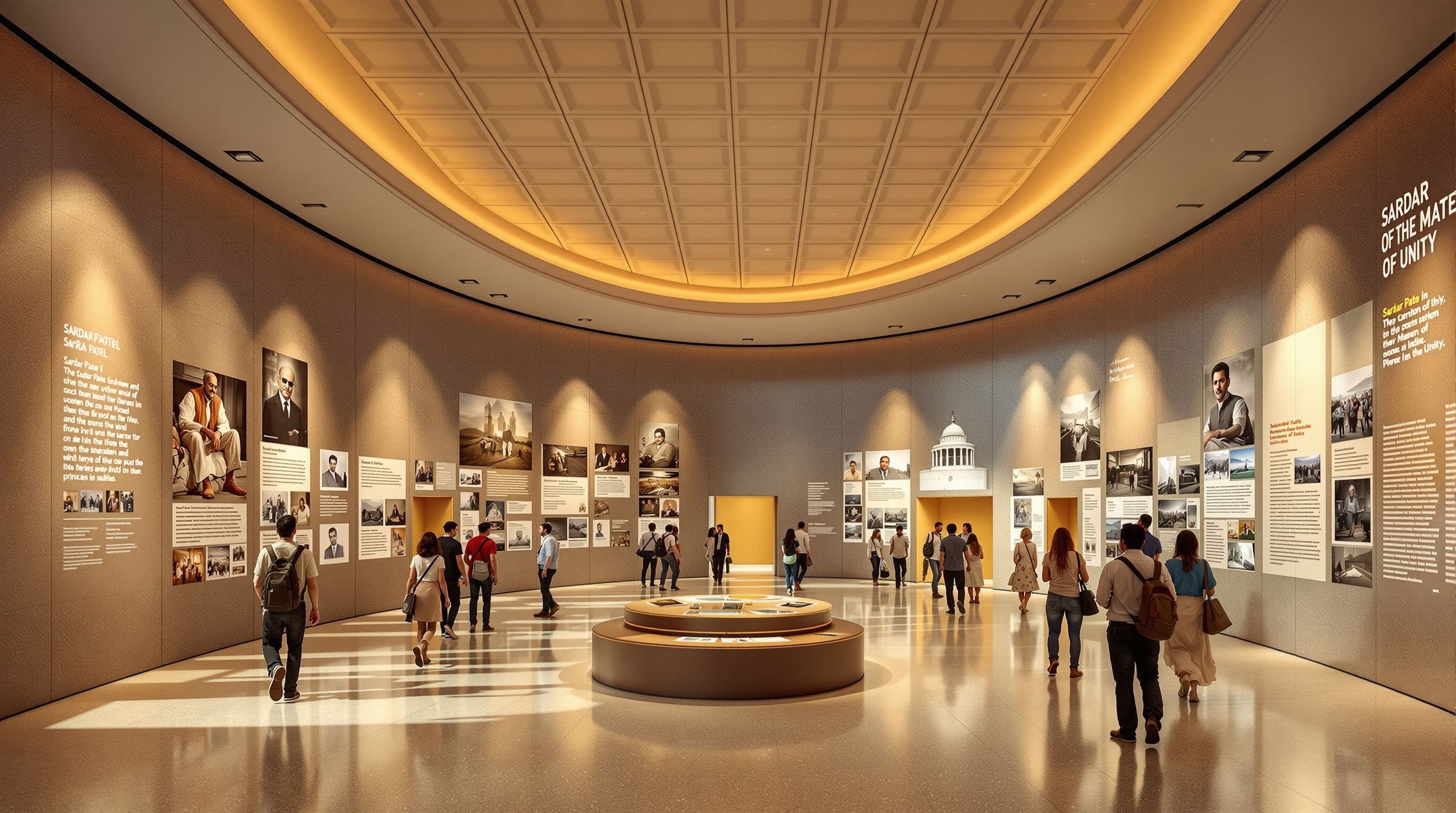 The museum and exhibition hall inside the pedestal of the Statue of Unity, a broad daylit gallery with panels and photographs tracing Sardar Patel's life and the integration of India's princely states, visitors moving through under a coffered ceiling