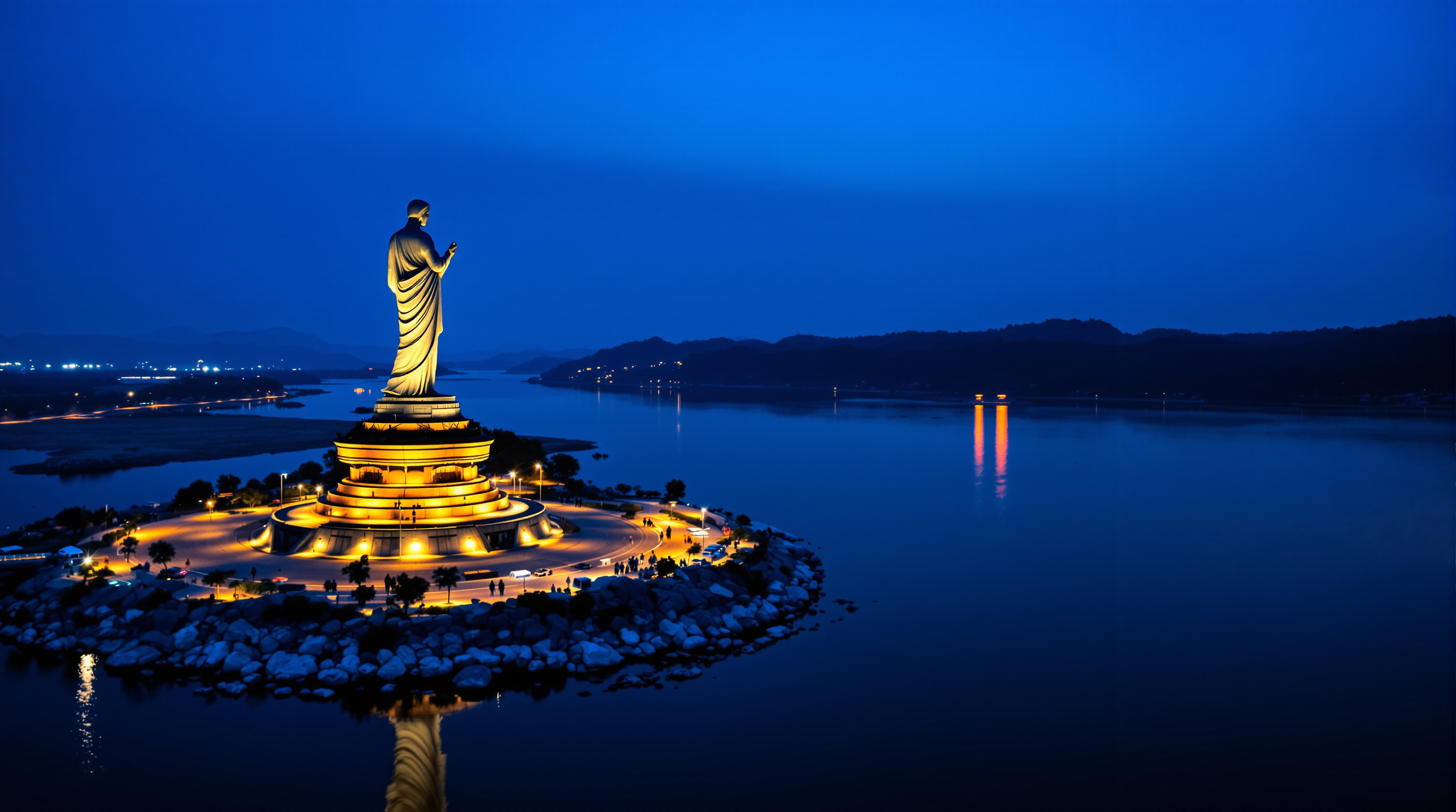 Aerial view of the Statue of Unity at dusk, the illuminated bronze figure and its pedestal on Sadhu Bet island, the pedestrian approach bridge lit across the dark Narmada water, the Sardar Sarovar Dam and forested hills stretching behind