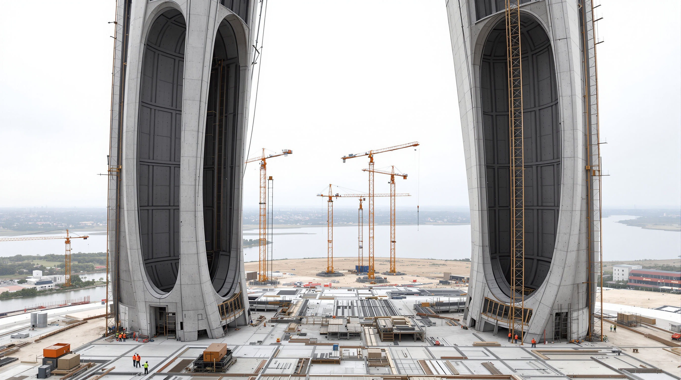 Construction view of the Statue of Unity's internal twin concrete cores and steel framing rising inside the unclad legs, workers and cranes at the base on Sadhu Bet island, the Narmada river visible beyond