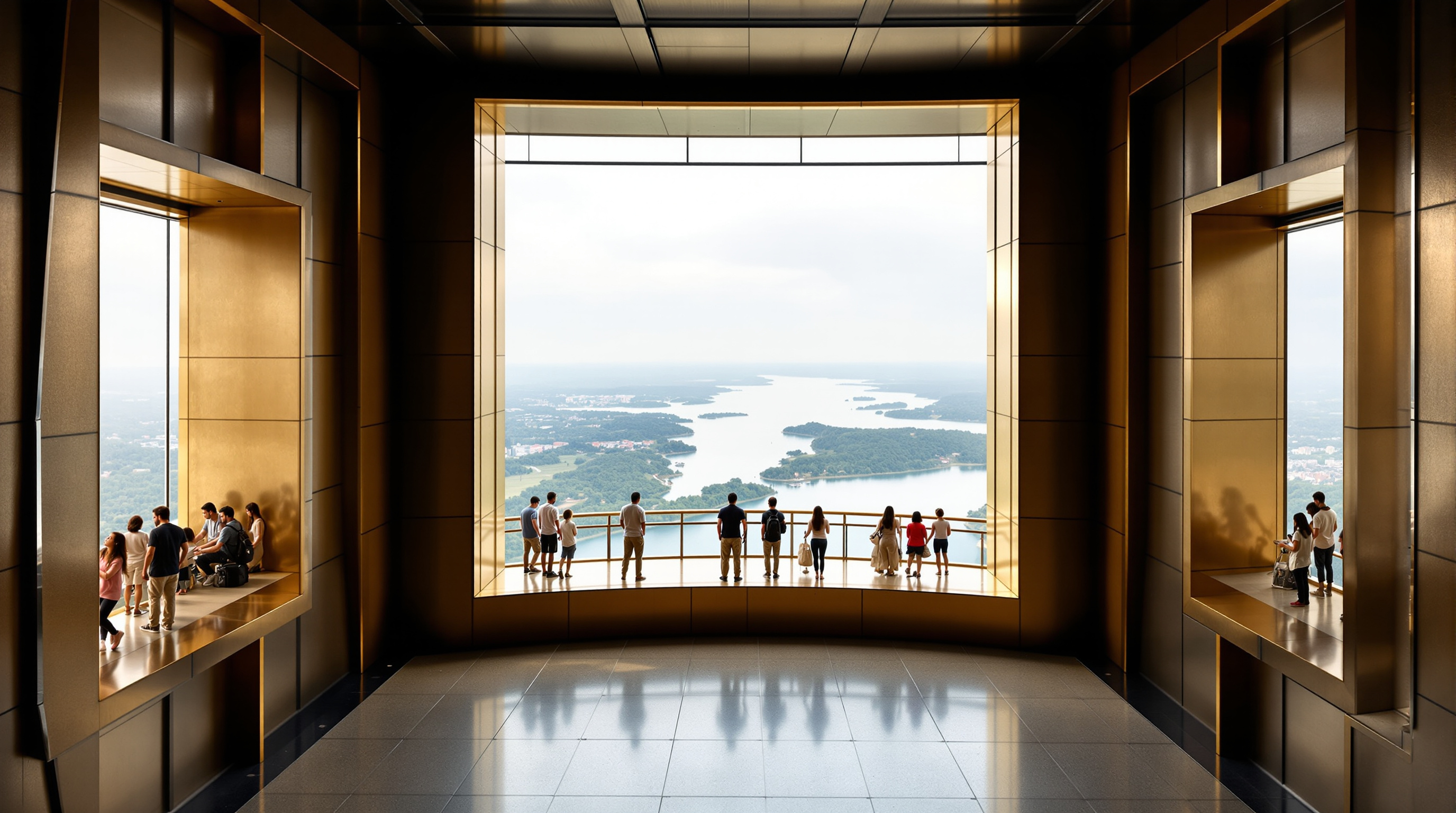 Visitors on the viewing gallery inside the chest of the Statue of Unity, looking out through the openings across the wide Narmada reservoir and the green Gujarat hills far below, giving a sense of the enormous height