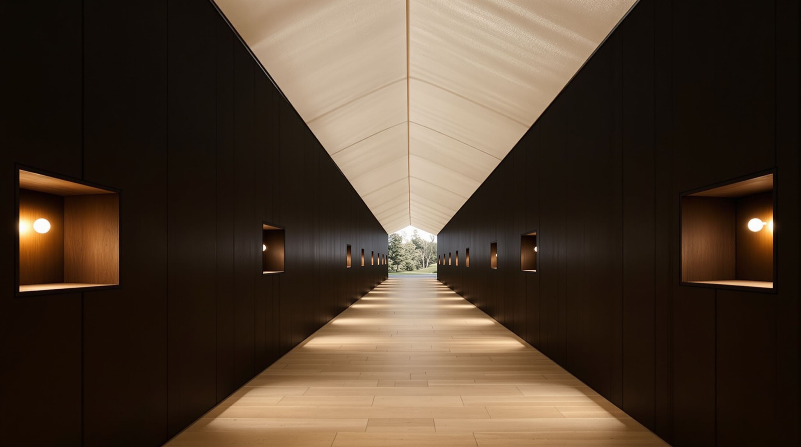 Interior of Zumthor's Memorial Hall: a long narrow oak walkway inside a pale fabric cocoon, its dark timber wall pierced by small square windows each glowing with a single bare lightbulb, receding into the distance