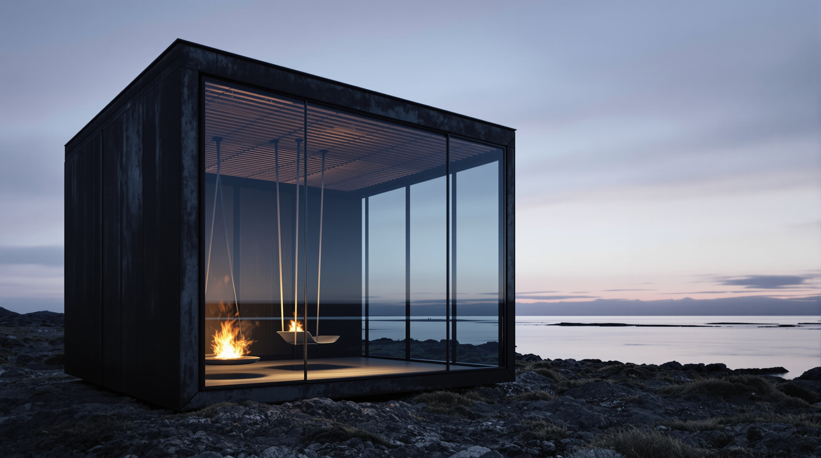 The Bourgeois pavilion at dusk: a dark cube of weathering steel and smoked glass on the Arctic shore, glowing faintly from within where a single flame burns on a suspended chair, the Barents Sea grey behind it
