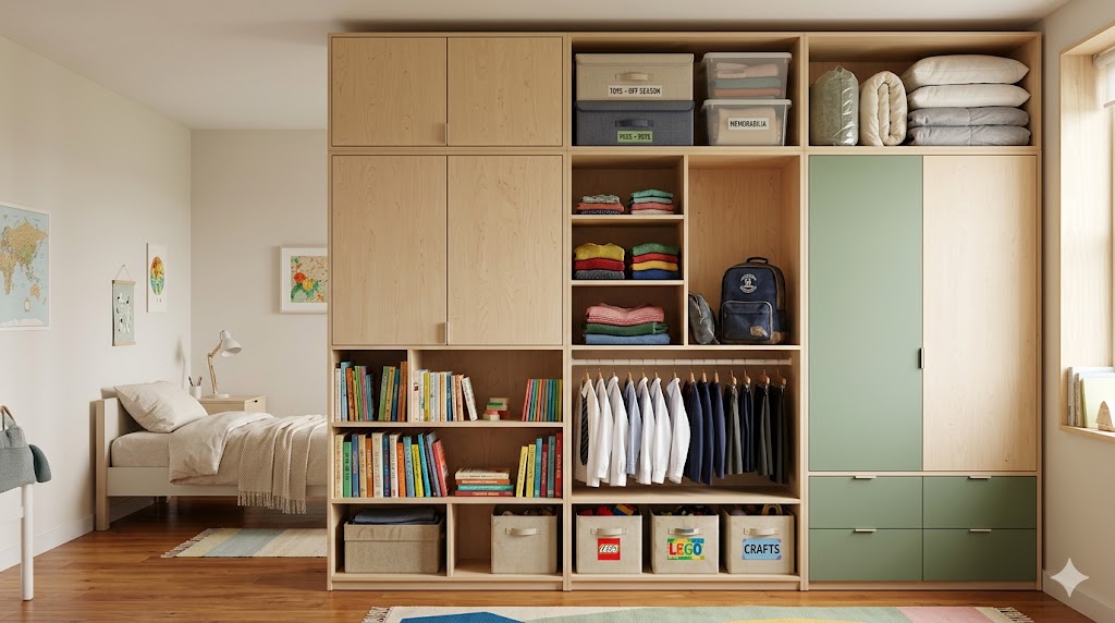 Child's bedroom storage — low cabinets accessible to a small child, low hanging rod, modular system designed to be re-configured as the child grows