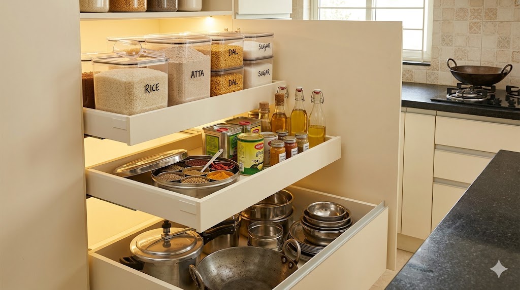 Indian modular kitchen tall unit pull-out pantry — masala dabbas, ghee tins, atta and rice bulk containers, organised on full-extension drawer slides