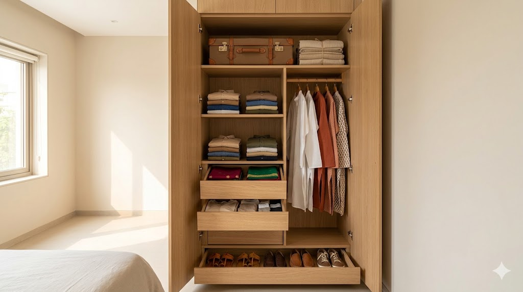 Wardrobe interior cross-section showing reach zones — golden zone for daily-use items, stretch zone for occasional use, dead zone for archival storage on top shelf