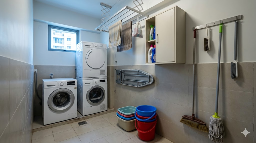 Indian utility room — washing machine and dryer stacked, ironing board, wall-mounted shelf for cleaning supplies, broom-and-mop rail