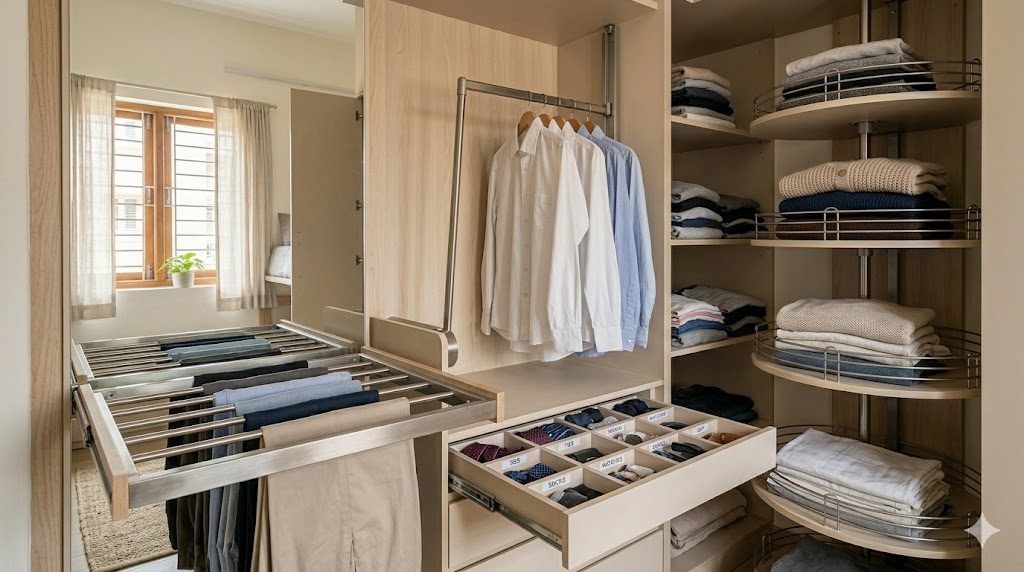 Smart wardrobe internal fittings in an Indian flat — a soft-close pull-out trouser rack, a half-rotated corner carousel, a pull-down hanging rail and labelled drawer organisers in pale oak-finish laminate with brushed-metal hardware