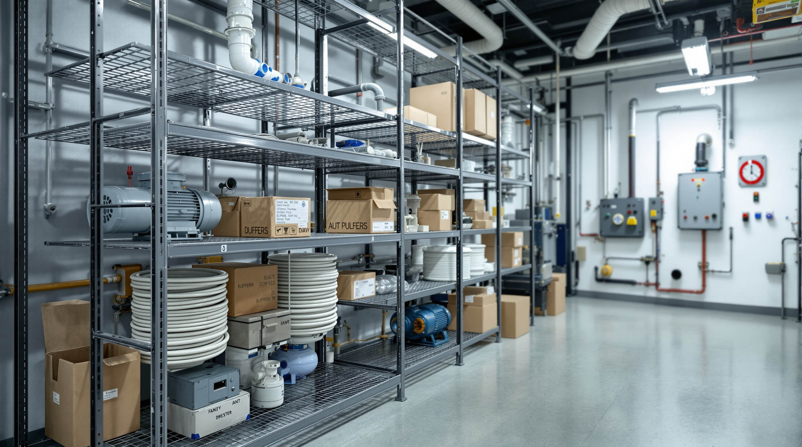 A standby blower and spare pump kept ready on a steel shelf inside a clean sewage treatment plant equipment room