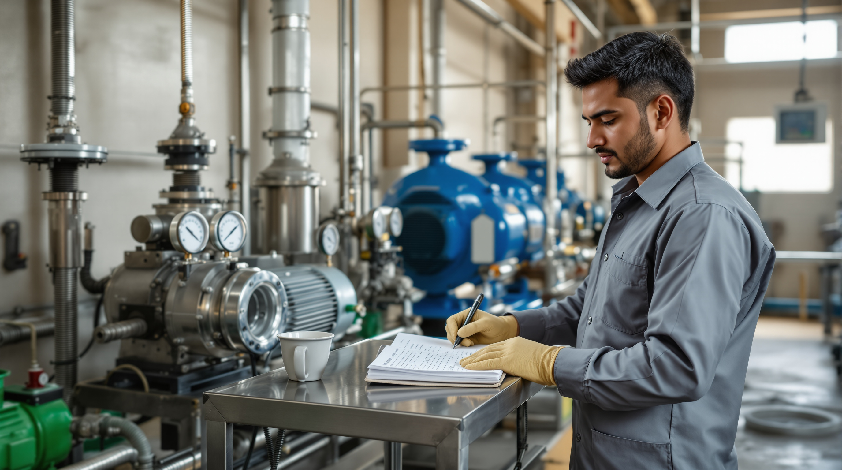 An Indian STP operator in a clean uniform recording readings in a maintenance logbook beside pump and blower equipment