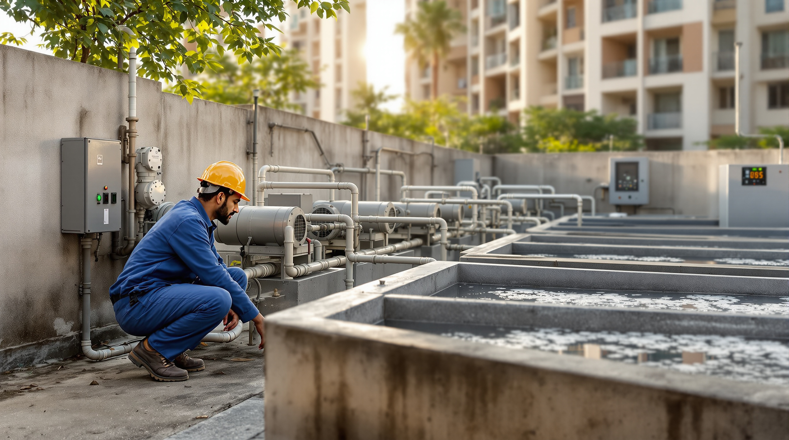 An Indian STP operator inspecting aeration tanks and blower units at a compact packaged sewage treatment plant beside an apartment complex