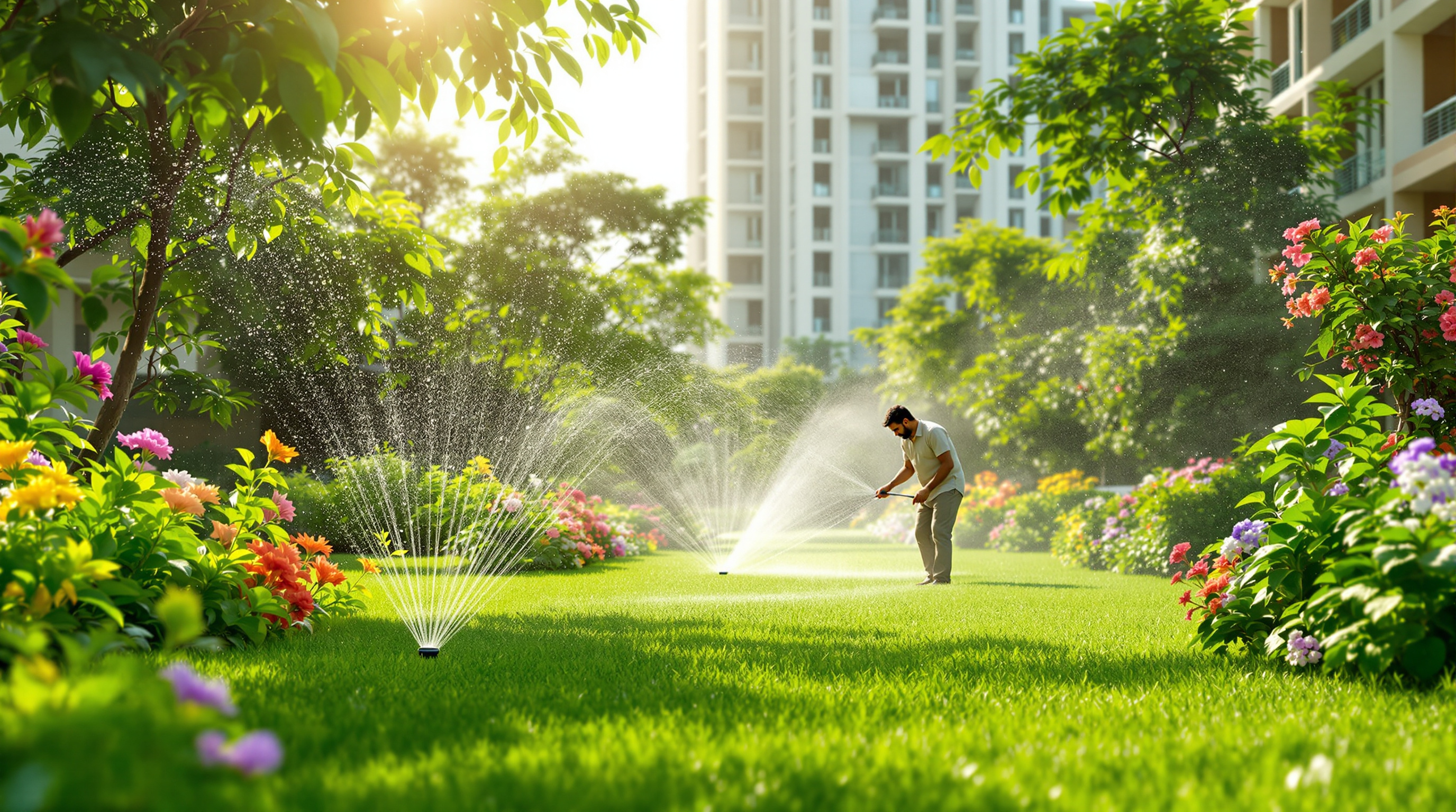 Lush landscaped apartment garden in India being irrigated with recycled treated water from an on-site STP