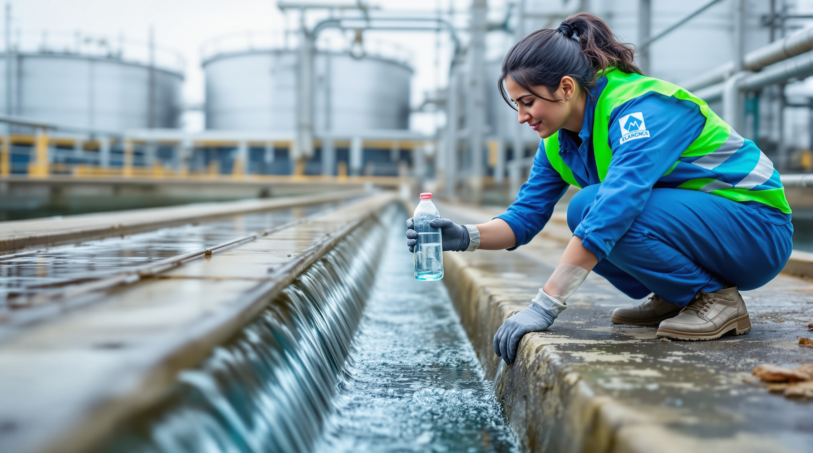 An Indian auditor in a hi-vis vest collecting a treated effluent sample in a glass bottle at the final outlet of a sewage treatment plant