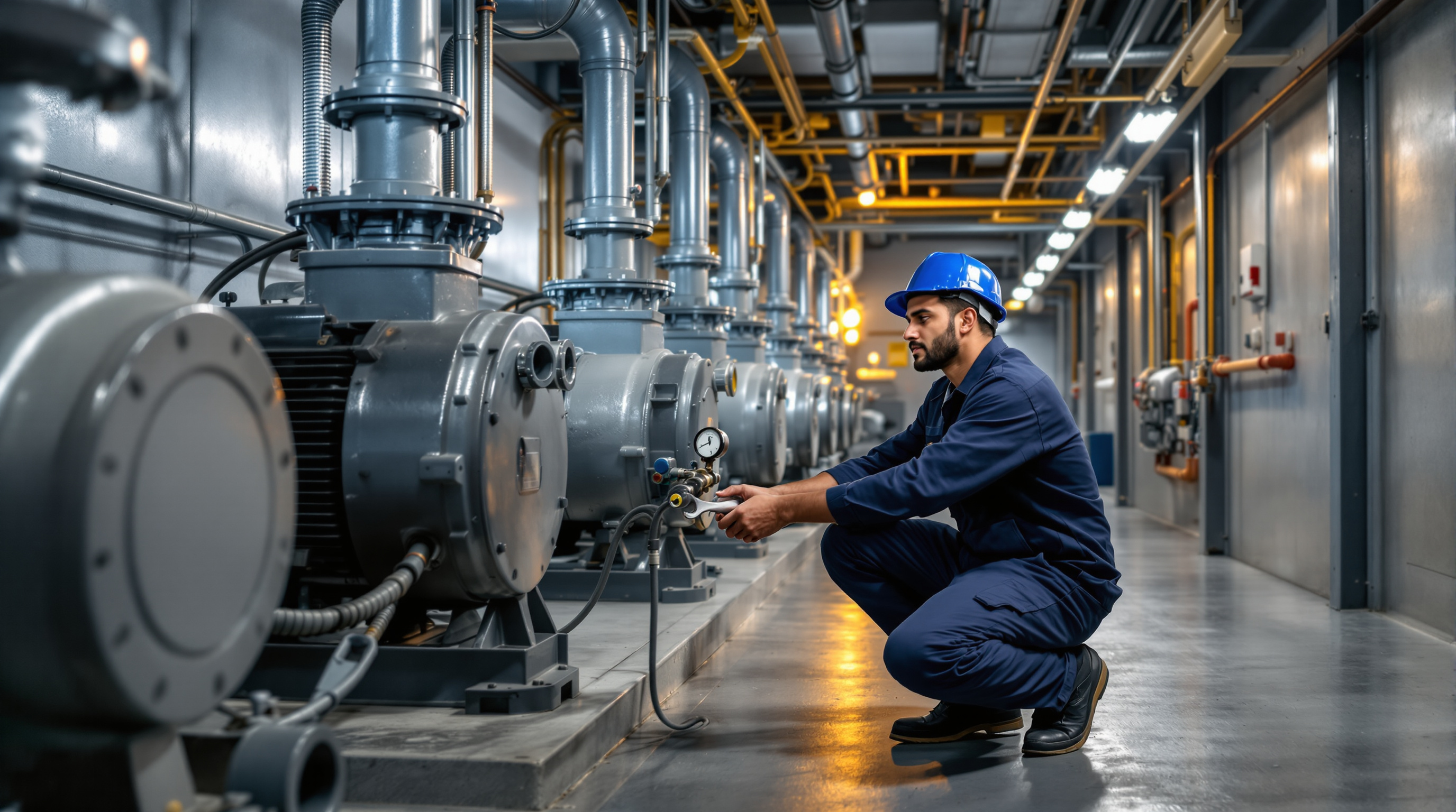 An Indian maintenance technician servicing aeration blowers and checking equipment inside a well-maintained sewage treatment plant