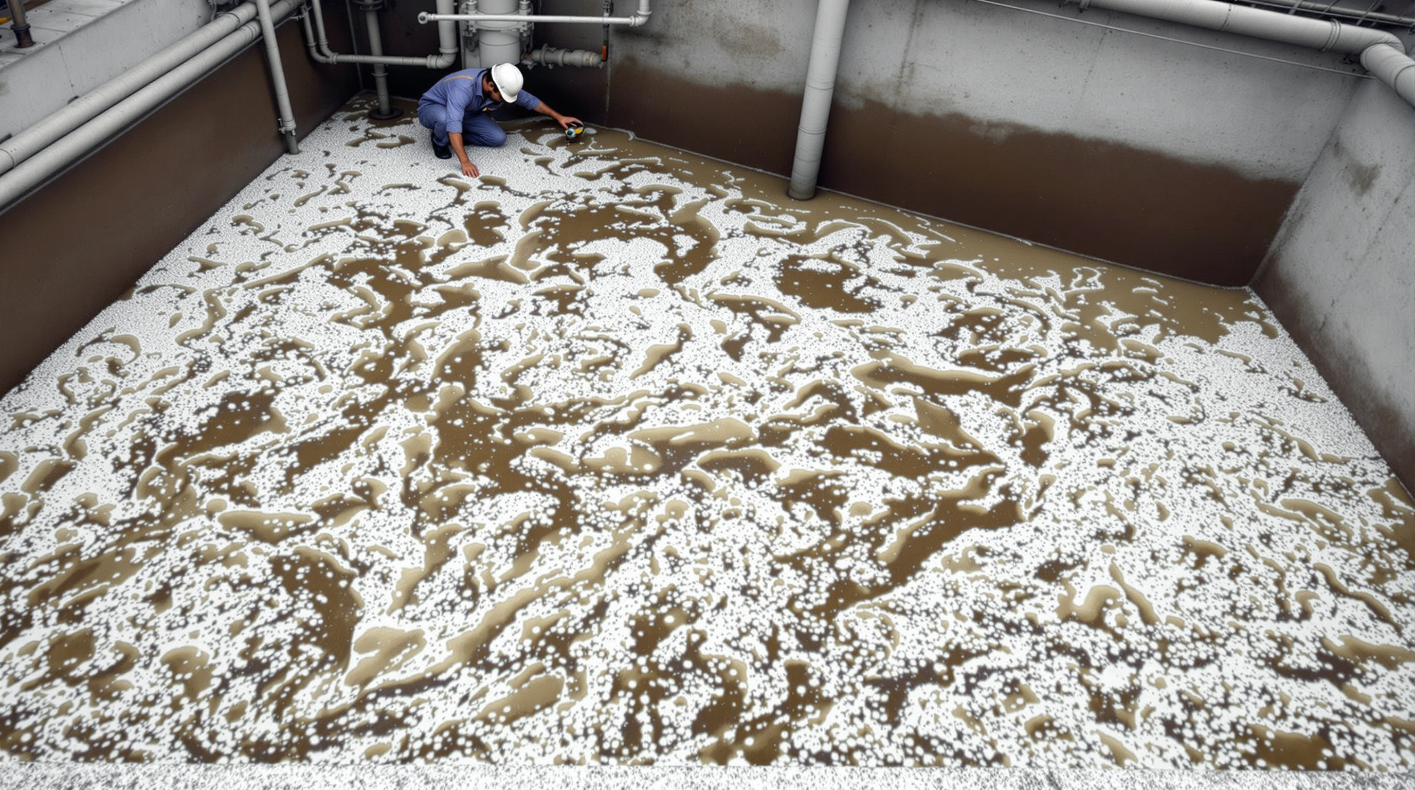Row of fine-bubble diffusers releasing dense streams of tiny air bubbles across the floor of an aeration tank at a sewage treatment plant