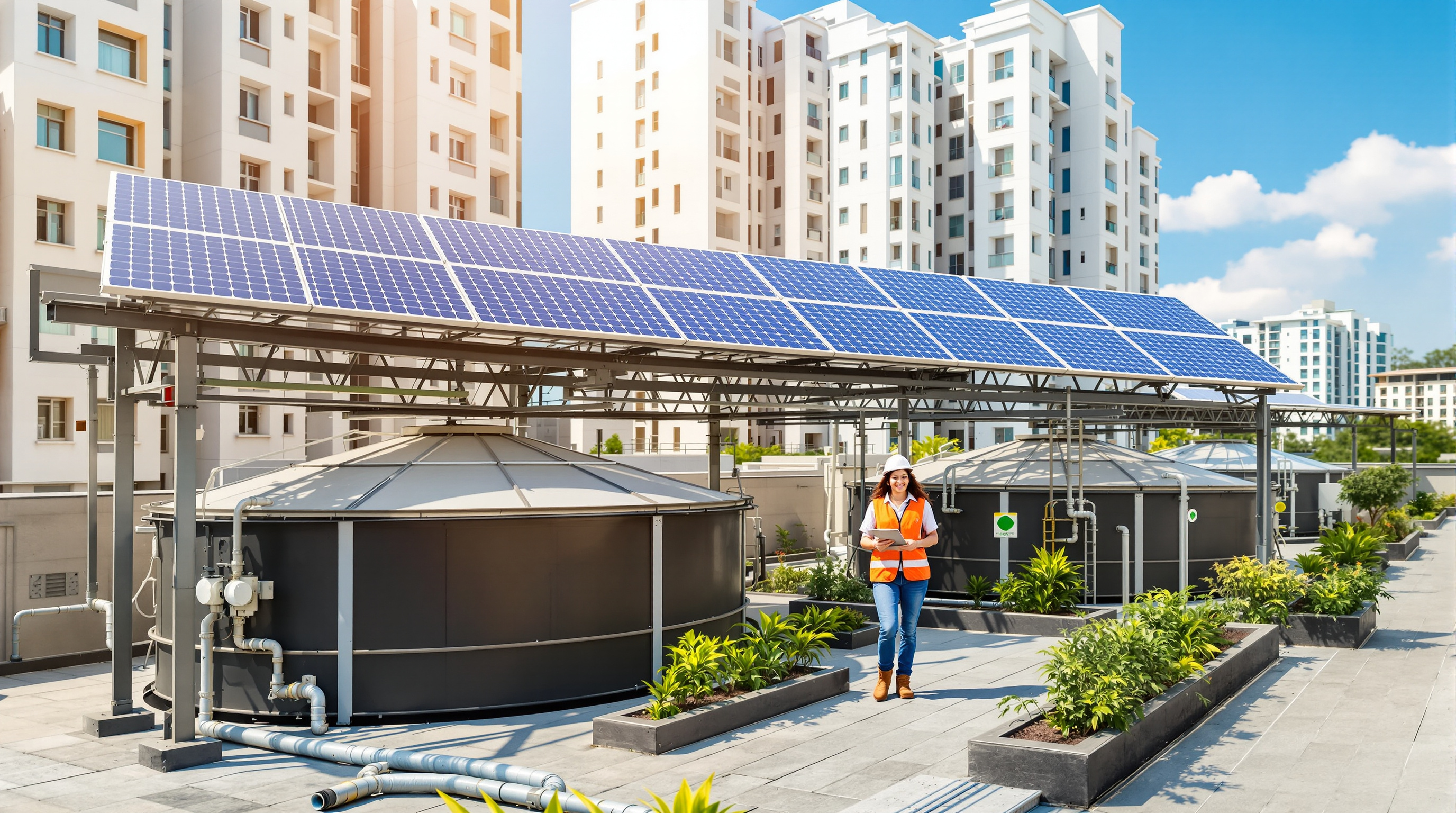 Rows of rooftop solar panels mounted above the tanks of a compact sewage treatment plant at an Indian apartment complex