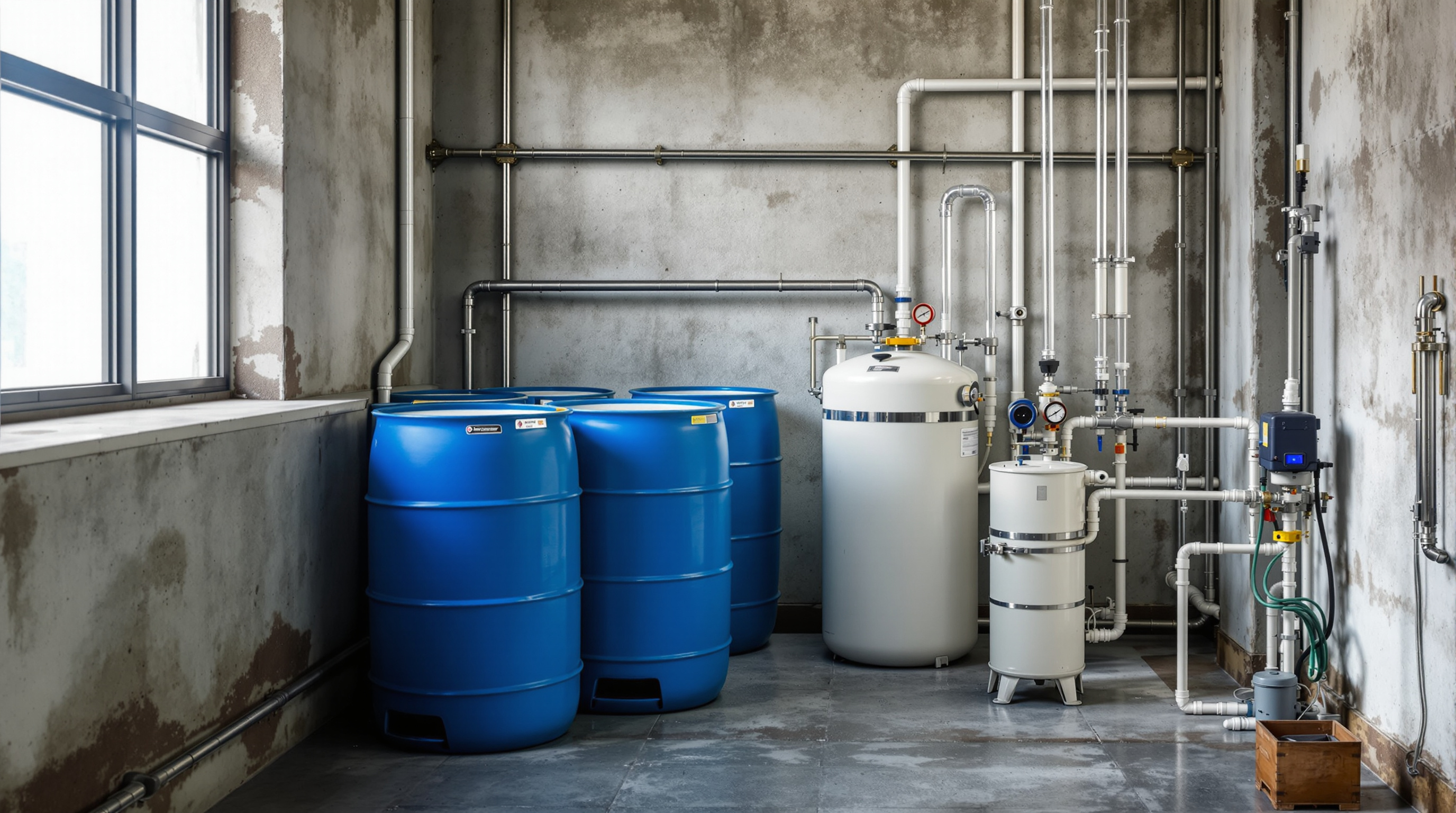 Blue plastic storage drums and white dosing tanks of liquid treatment chemicals lined up beside a metering pump inside an Indian sewage plant chemical room