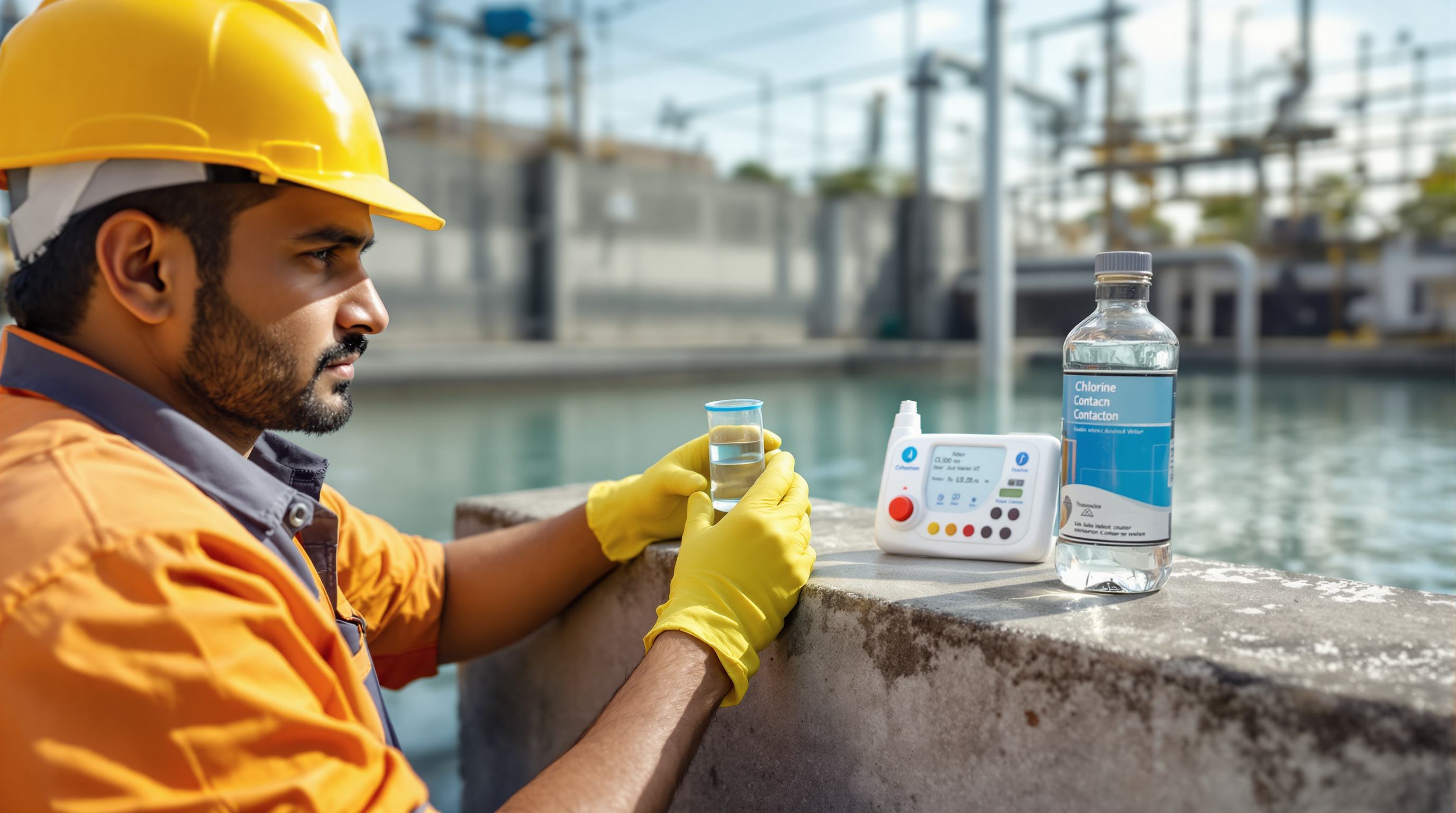 An Indian plant operator in a hard hat holding a small vial of treated water against a comparator chlorine test kit at the contact tank outlet