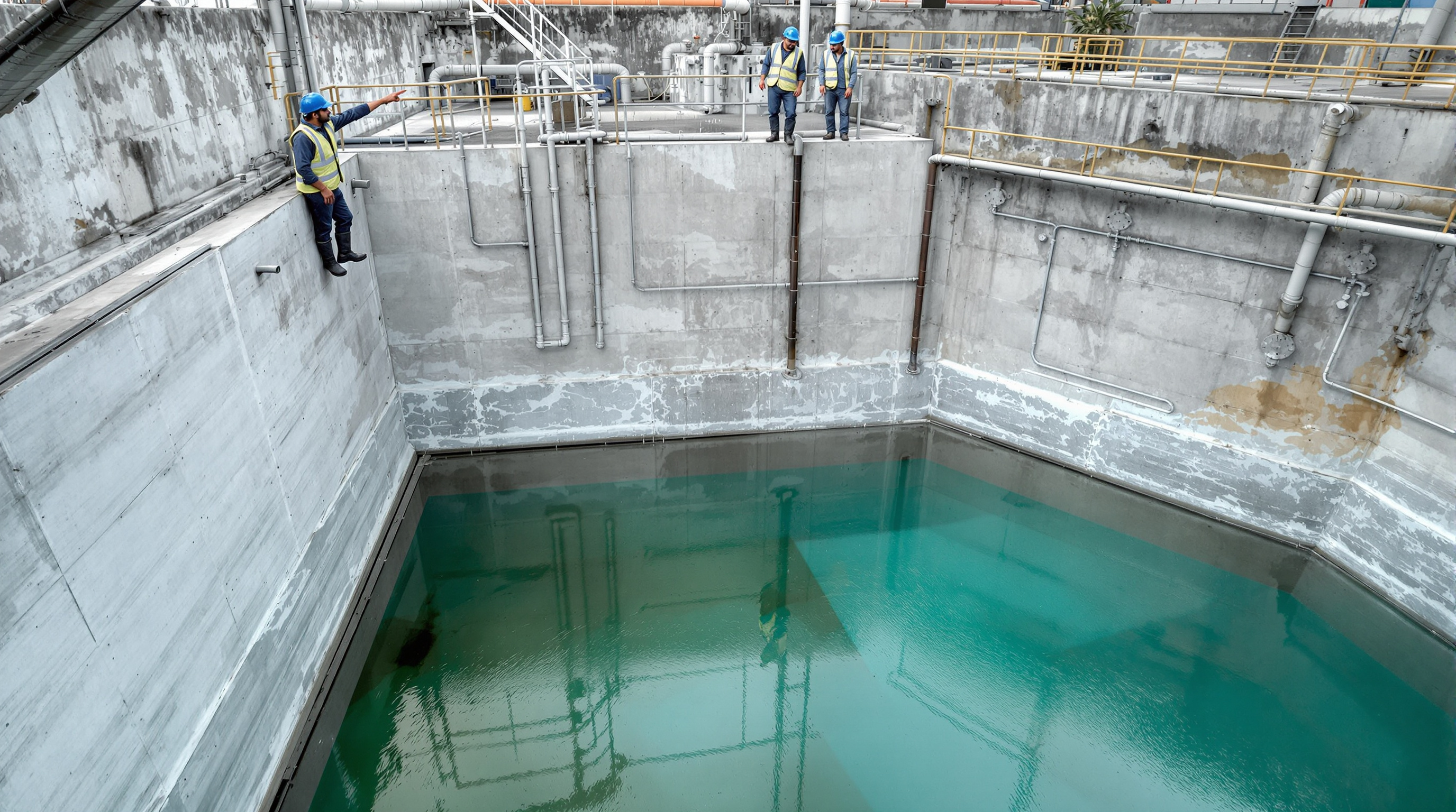 Indian commissioning engineers inspecting a newly built RCC sewage tank filled with clean water for a leak-hold test