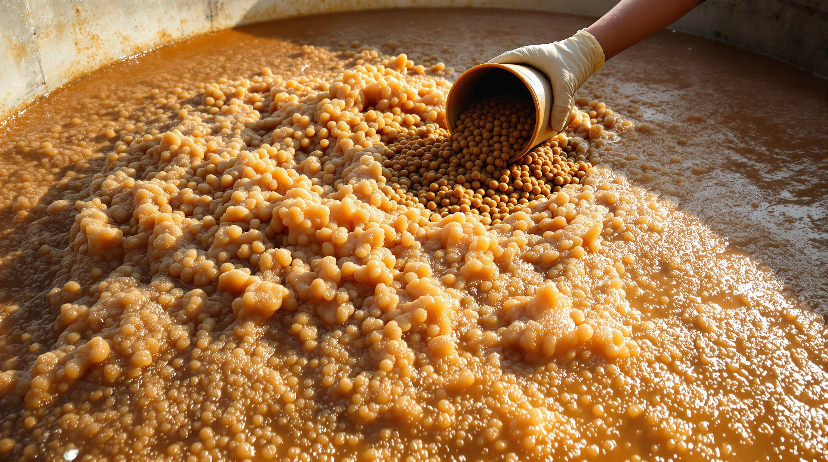 Close view of a sewage aeration tank during seeding, its surface a vigorous rolling boil of aerated tea-brown mixed liquor