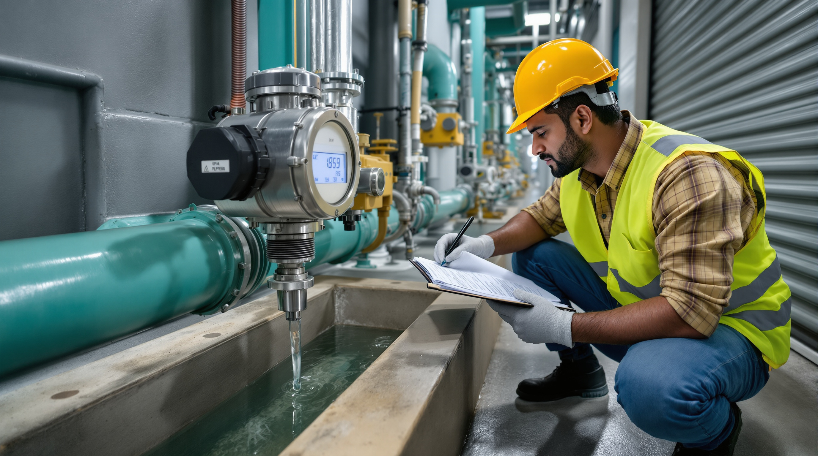 An STP operator in safety gear inspecting a flow meter and recording readings in a logbook at a treated-water sampling point