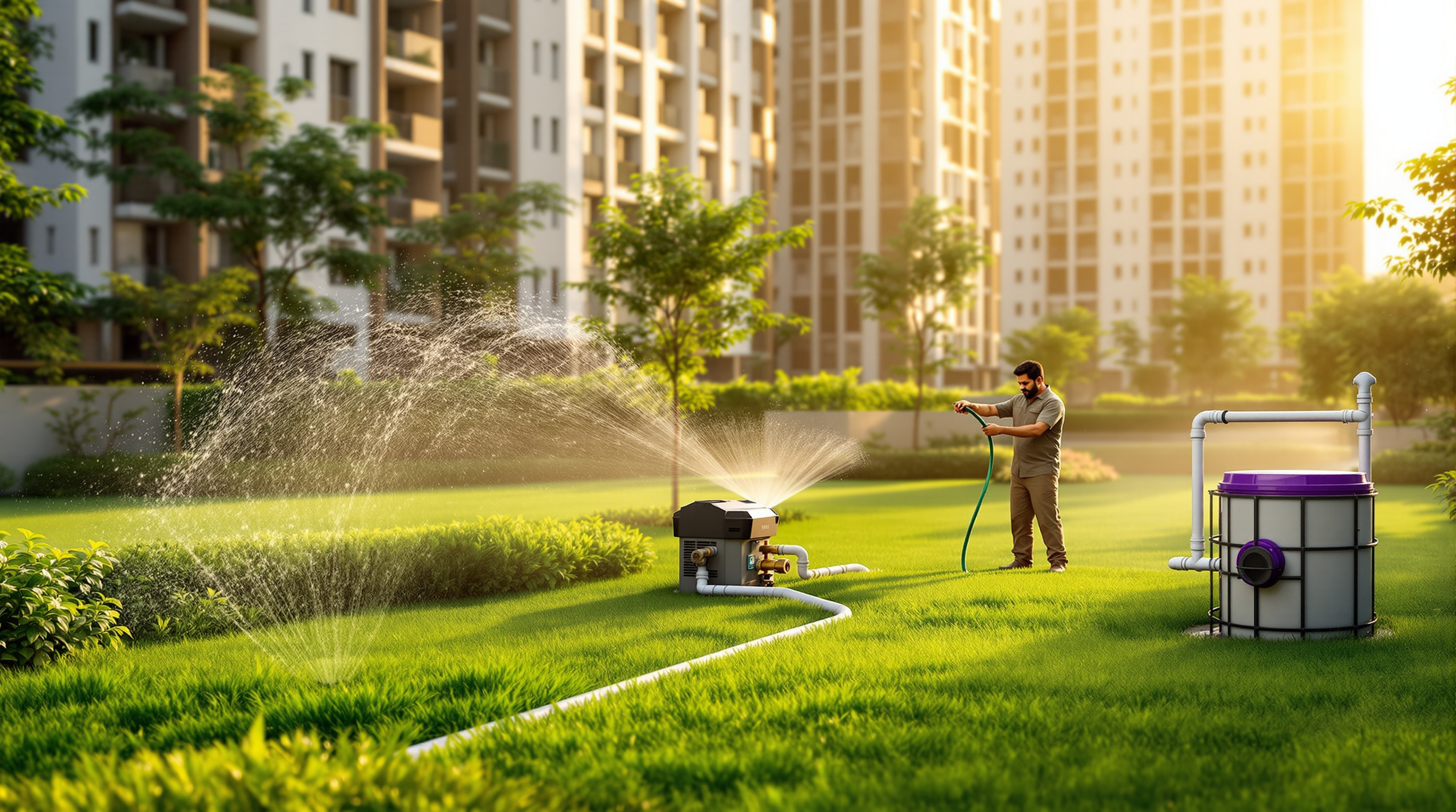Treated water from an STP being used to irrigate landscaped gardens inside an Indian apartment complex, with a separate treated-water storage tank