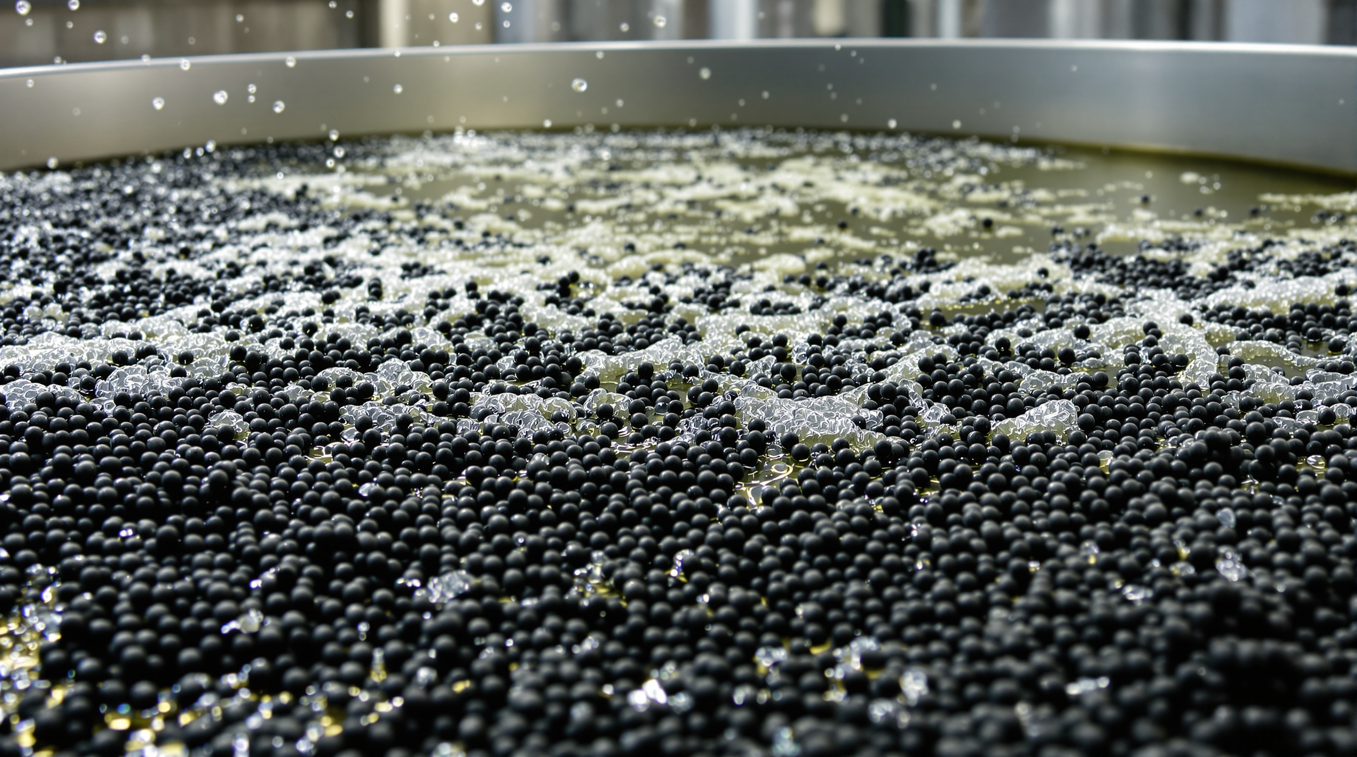 Close-up of black plastic MBBR biofilm carrier media inside an aeration tank of an Indian sewage treatment plant, with bubbling aerated water