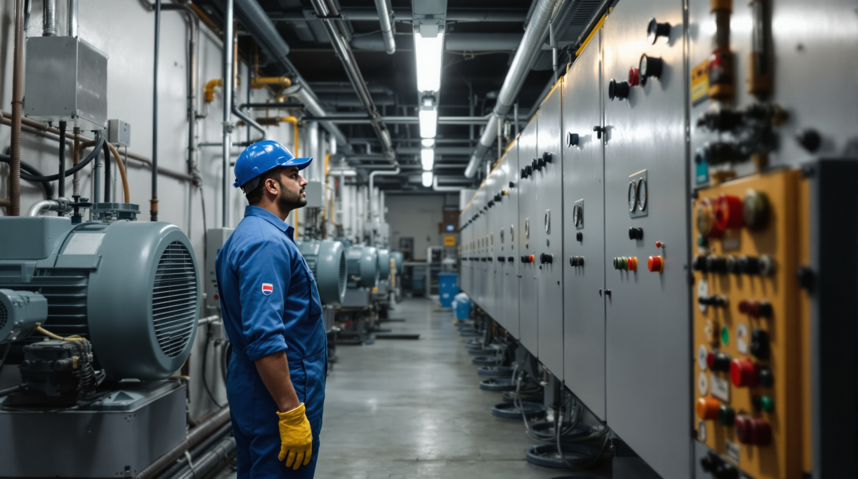Indian STP operator in blue overalls checking the blower and control panel in a sewage treatment plant machine room