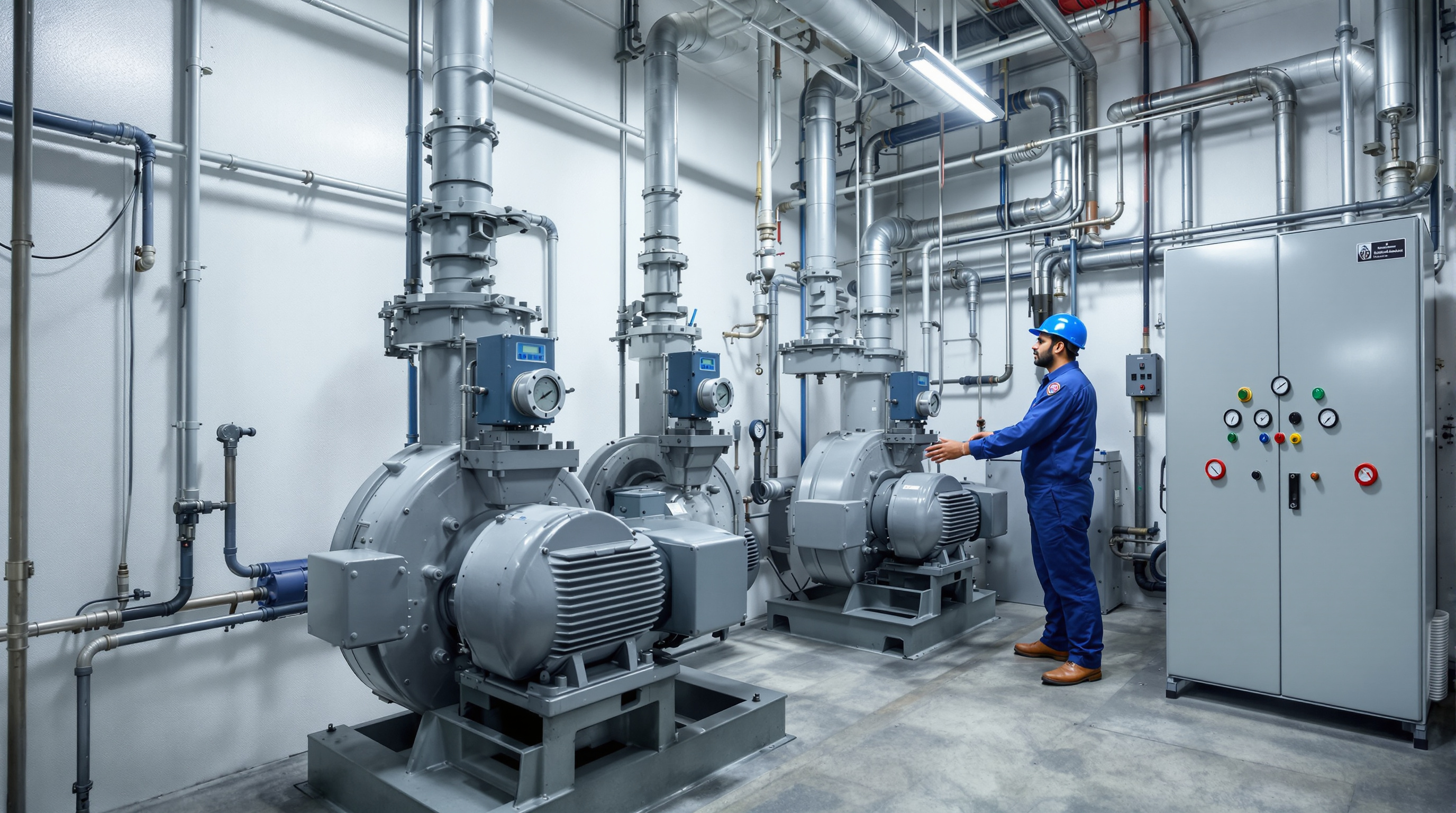 A row of electric air blowers and an electrical control panel in the pump room of a small sewage treatment plant