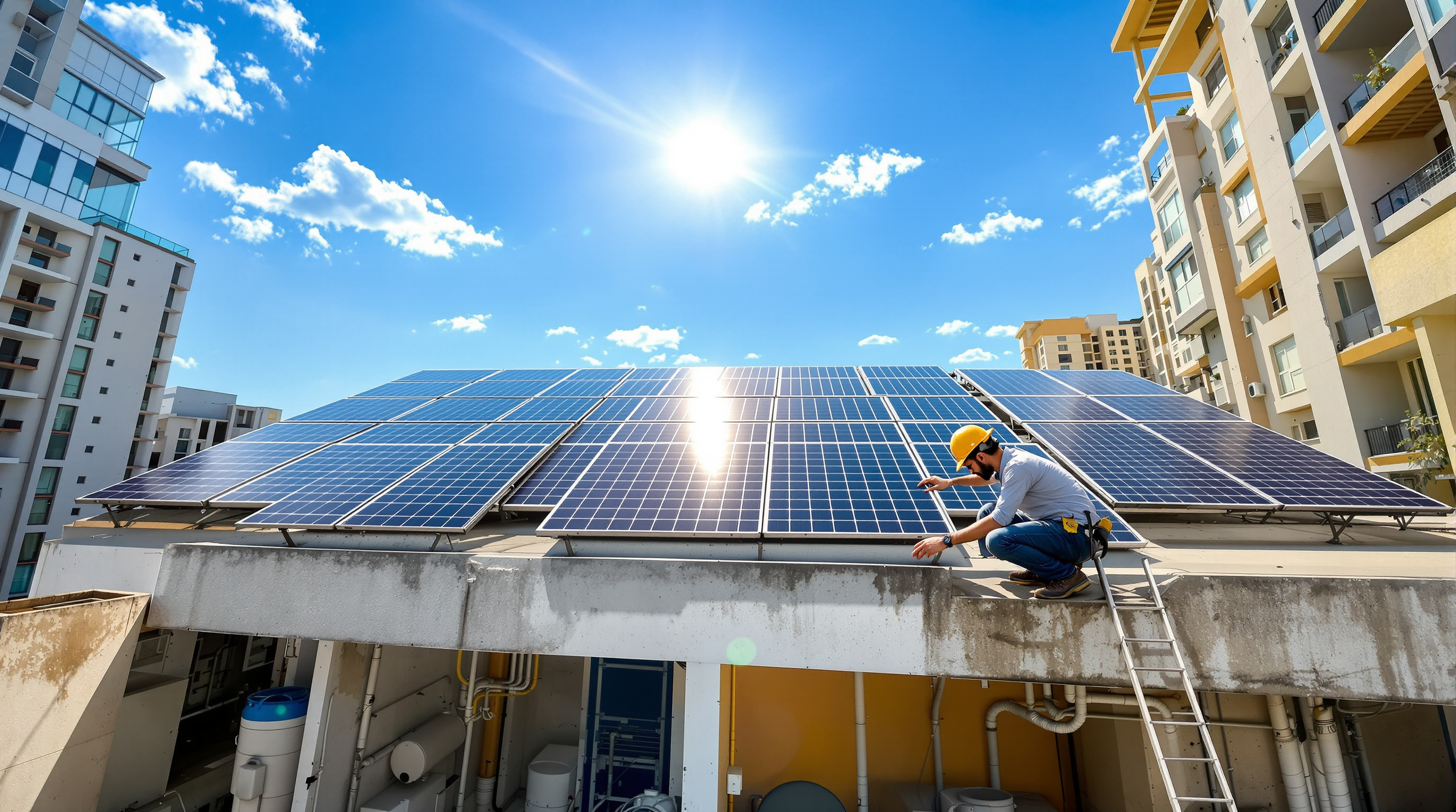 Rooftop solar panels on an Indian apartment building above a sewage treatment plant area to offset daytime power use