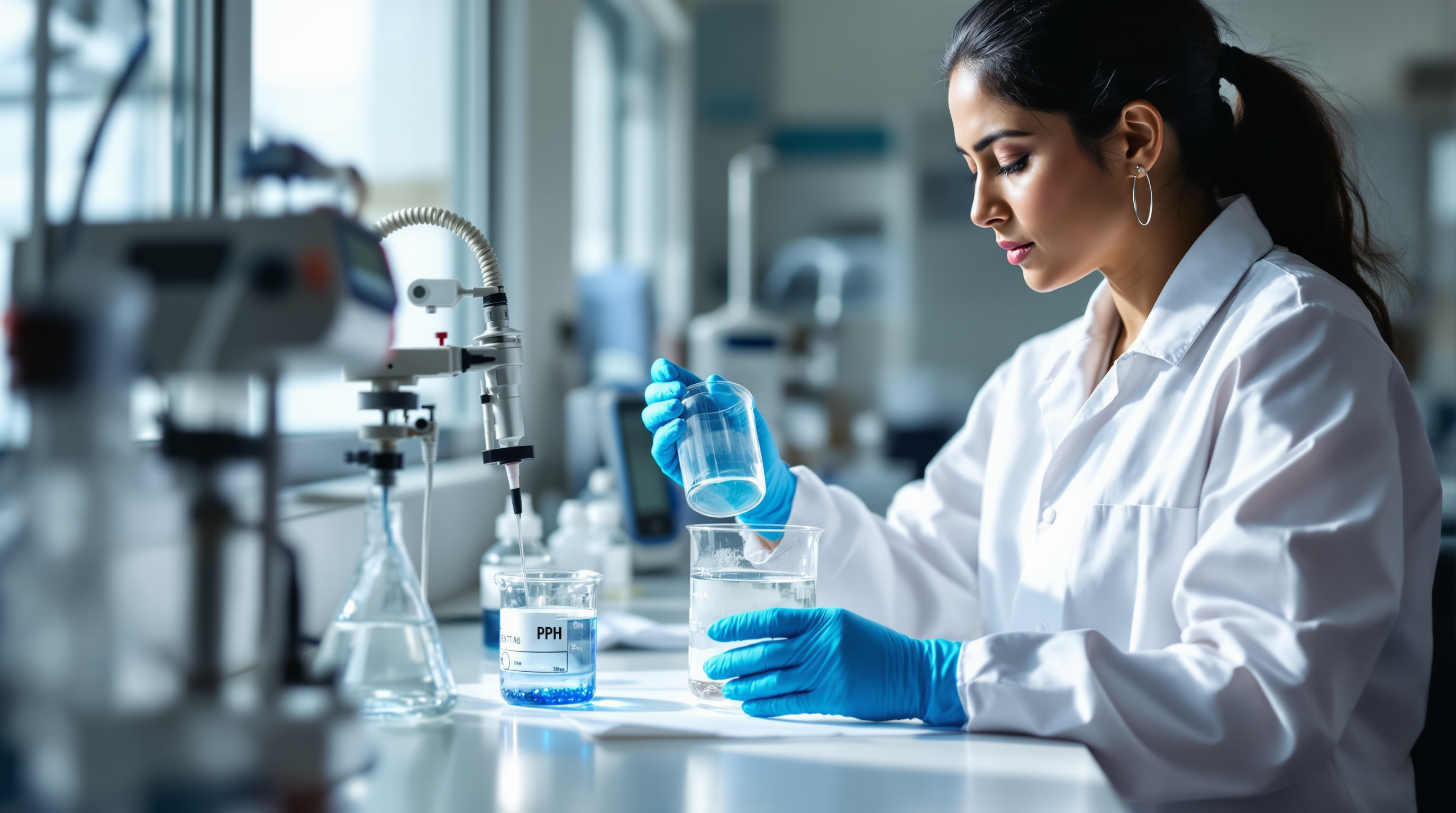 Indian laboratory technician analysing a treated wastewater sample in a glass beaker at a testing bench