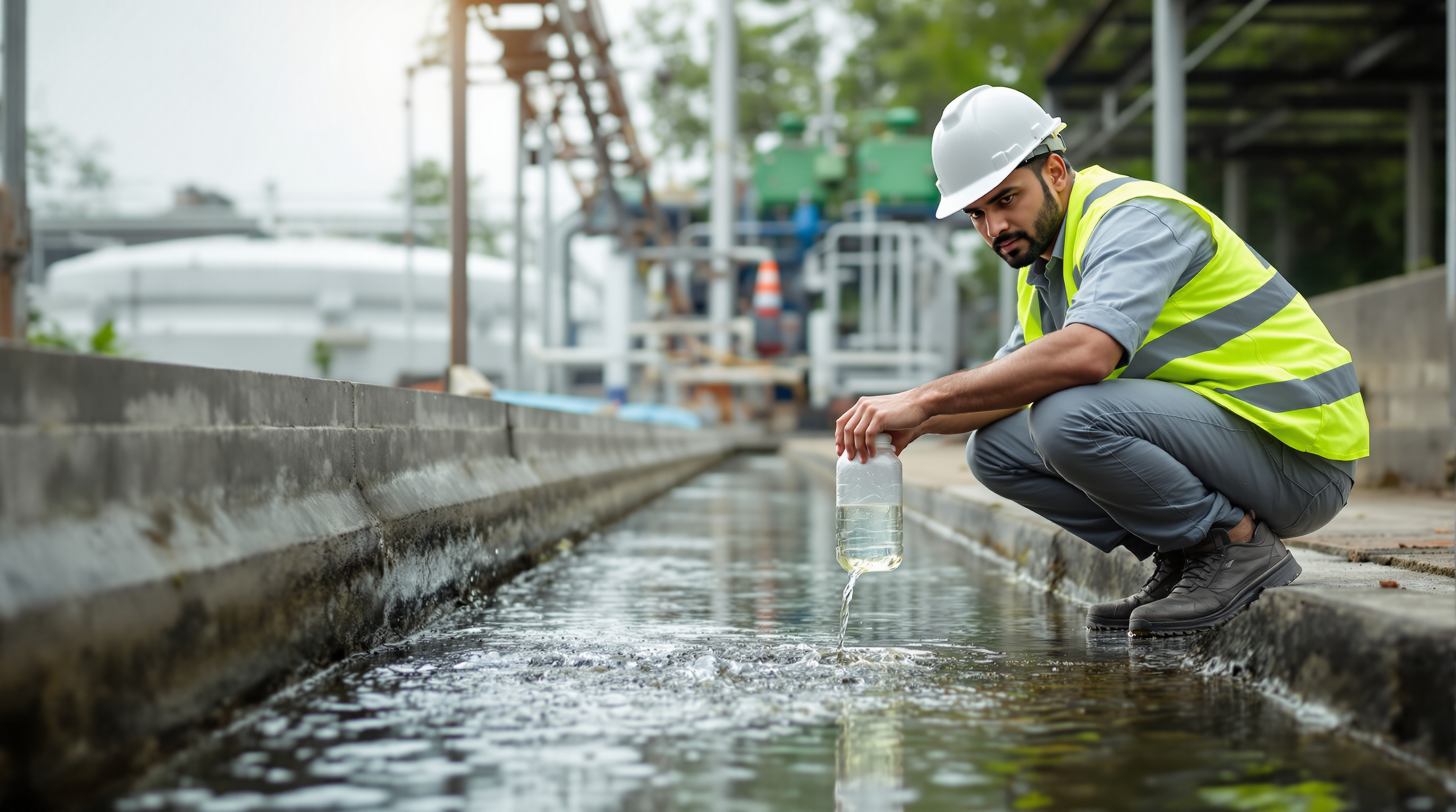 Indian STP operator collecting a treated water grab sample in a bottle at the clear outlet channel of a sewage treatment plant