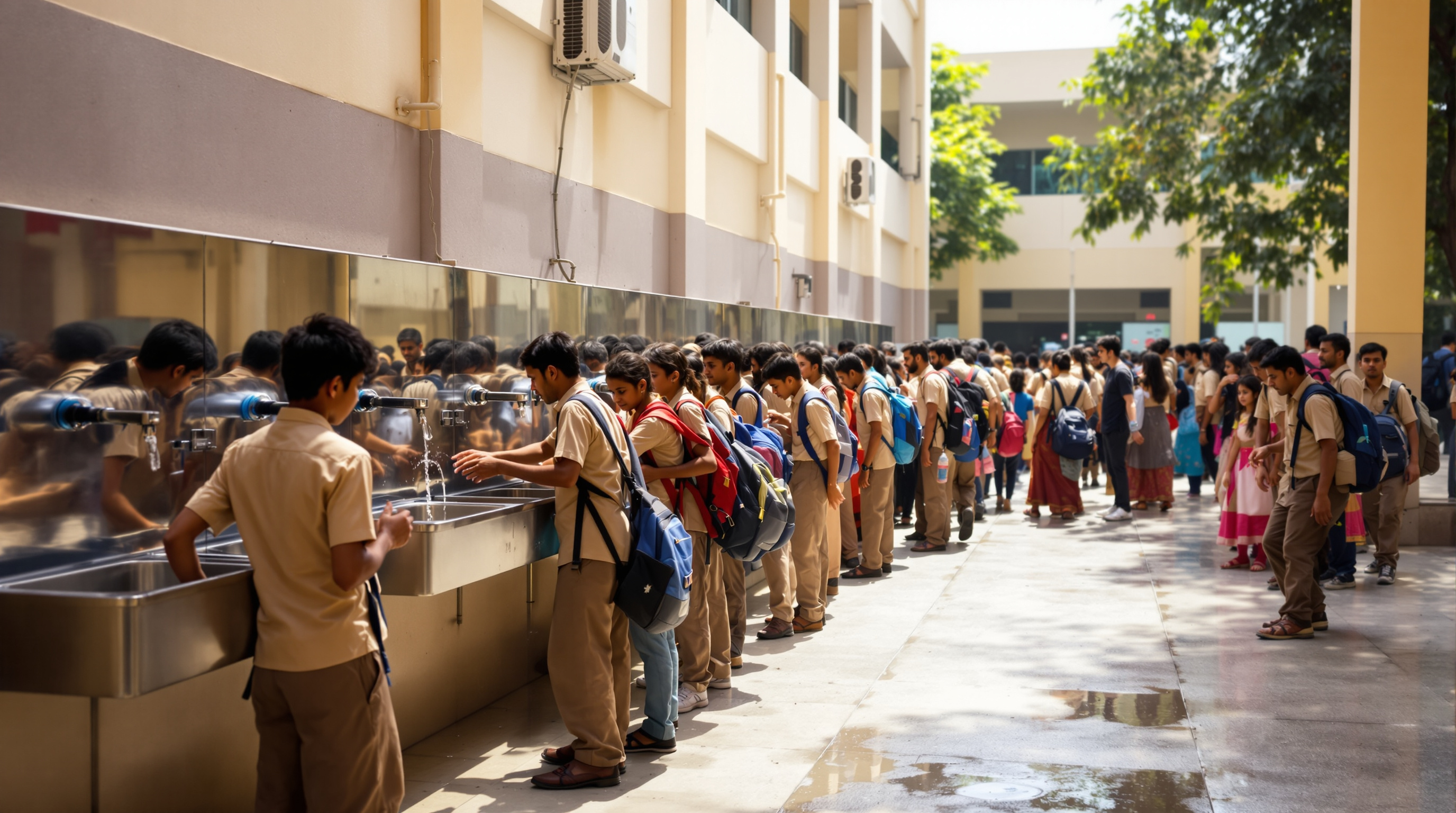 Indian school students crowding around outdoor washbasins during a recess break, several washing hands at once while others wait