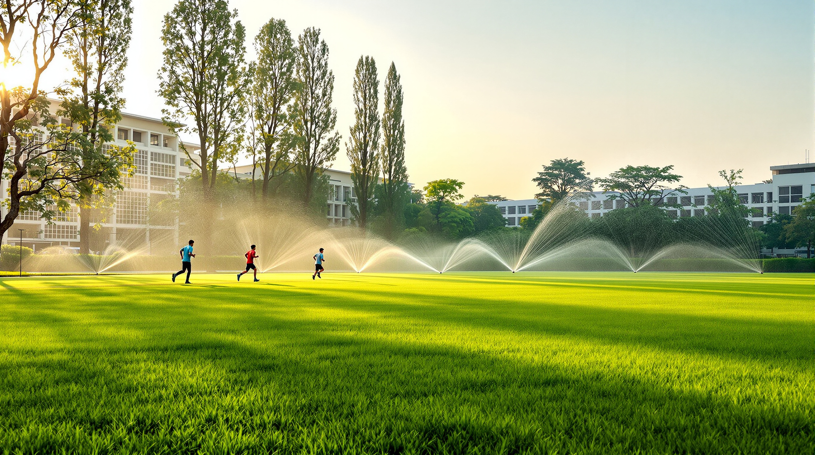 Treated water sprinklers irrigating a lush green school sports ground on an Indian campus with academic buildings in the background