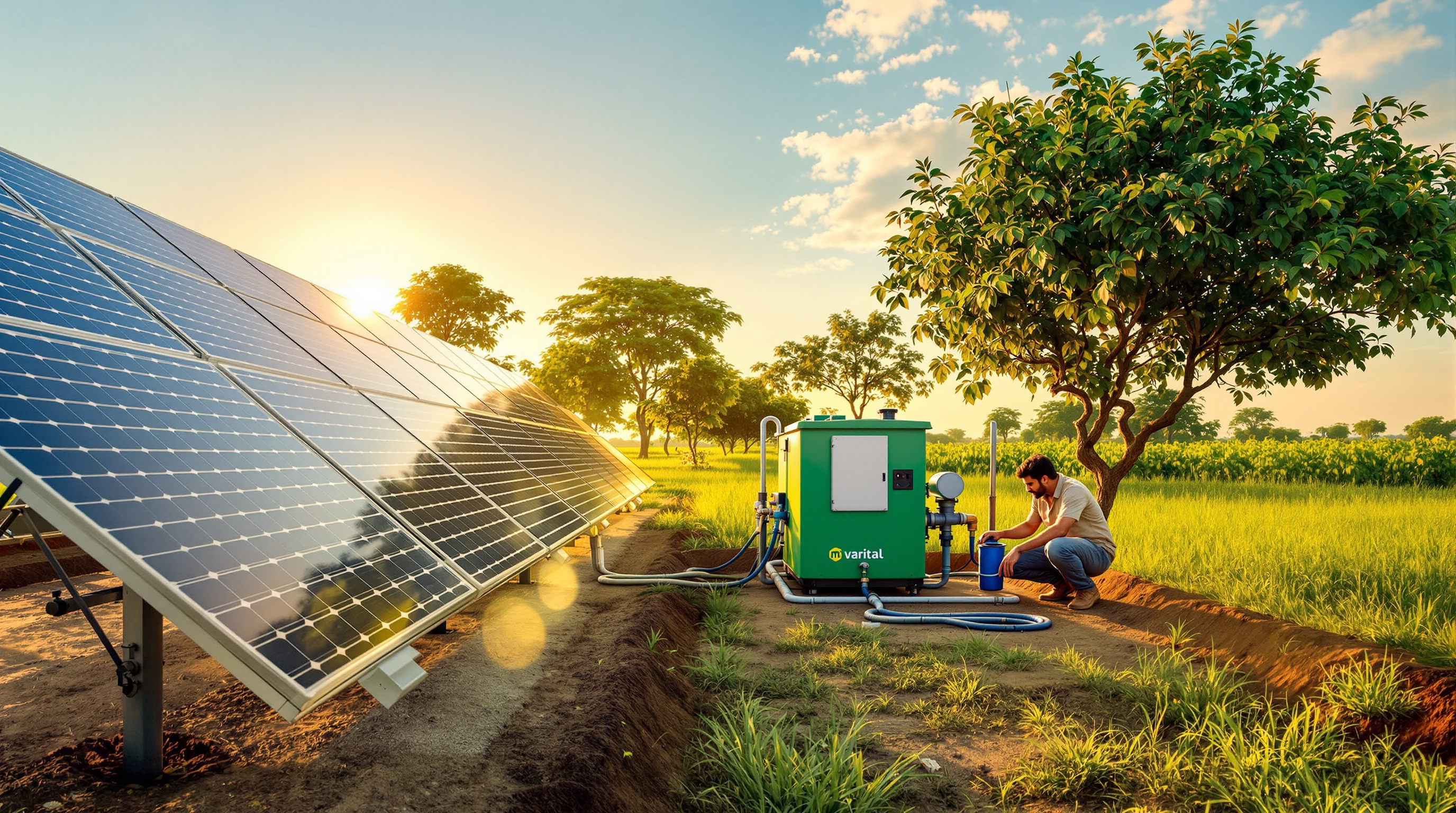 Ground-mounted solar panels powering a compact packaged sewage treatment unit beside a rural Indian farmhouse