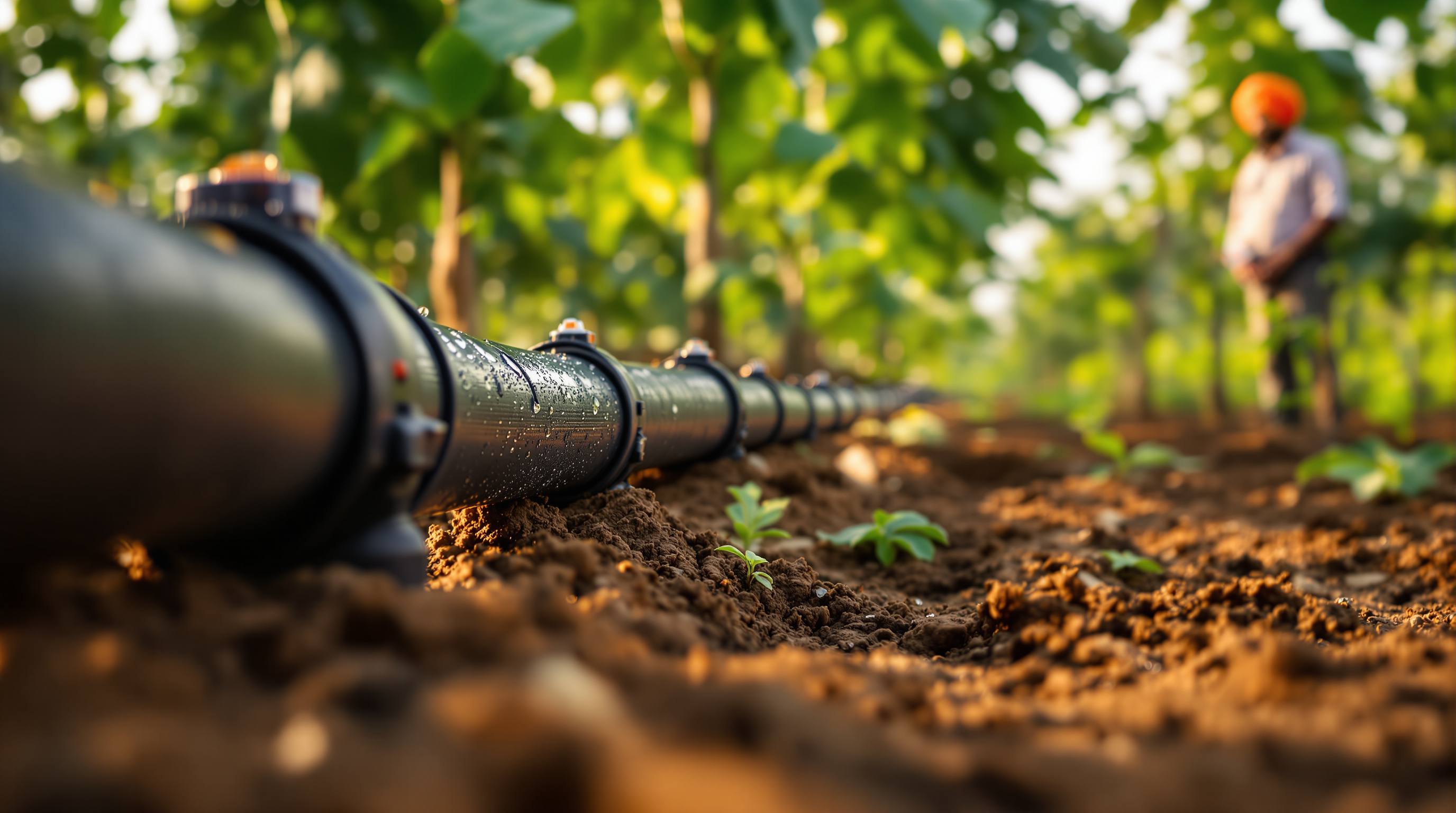 Drip irrigation lines watering a mango orchard on a farmhouse estate using treated water