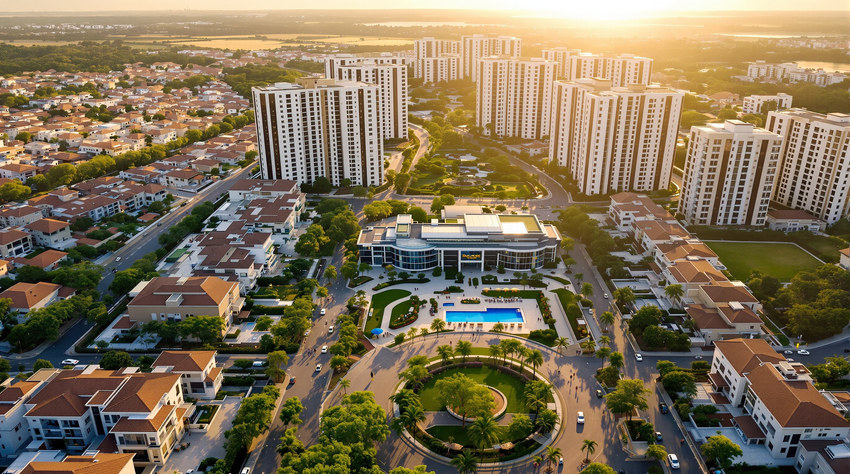 Aerial view of a large Indian gated community with rows of villas, apartment towers and a landscaped clubhouse