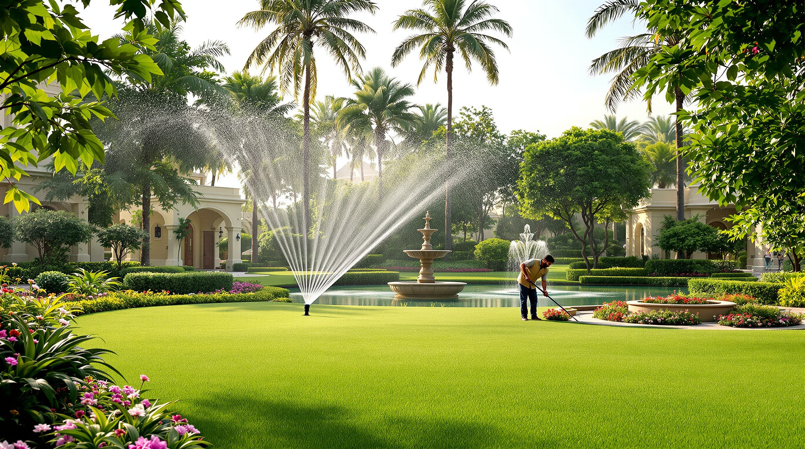 Lush landscaped garden and fountain in an Indian residential community being irrigated with recycled water