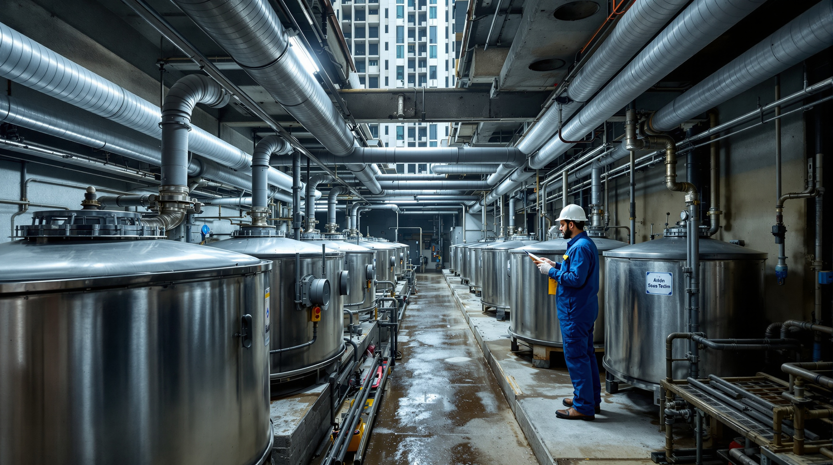 A compact basement sewage treatment plant in an Indian residential tower with stainless-steel tanks, blowers and ductwork, and an operator in safety gear checking equipment