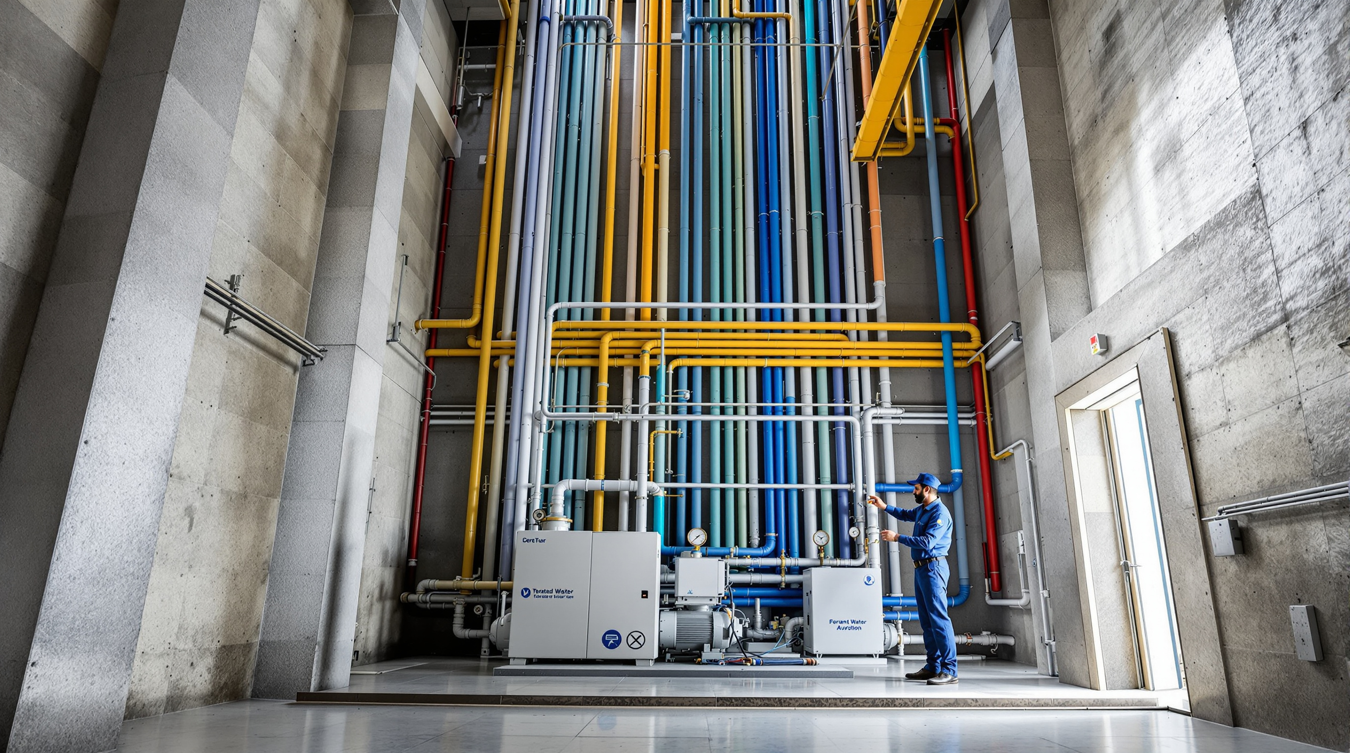Colour-coded treated-water flush riser pipes and a transfer pump set in a tower service shaft, separate from the potable line