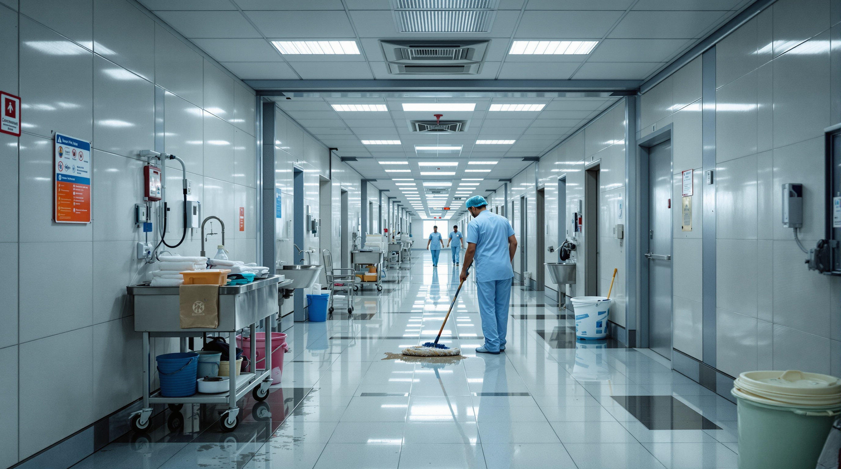 Indian hospital corridor and ward drainage area where round-the-clock wastewater from toilets, laundries and labs enters the building's sewer lines
