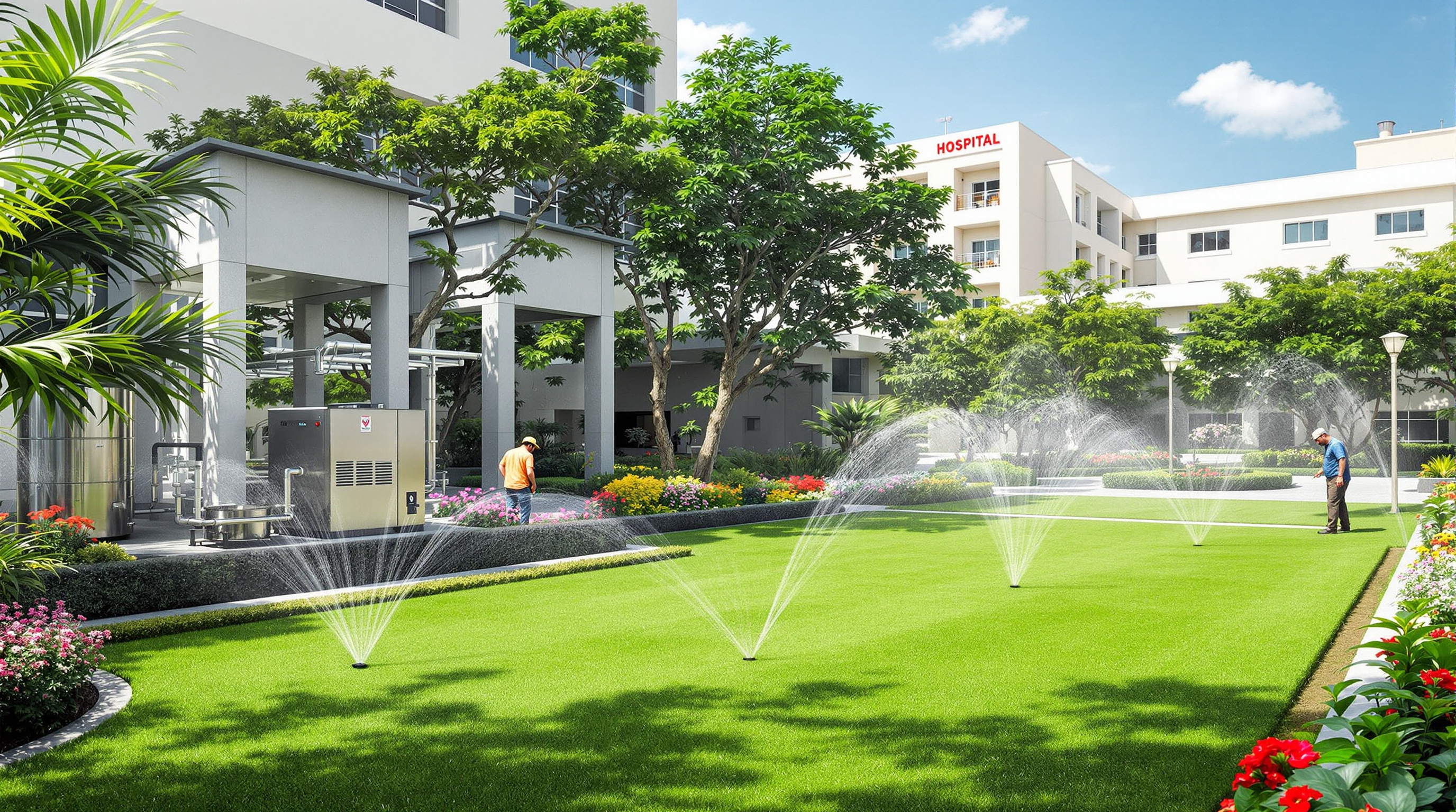 Treated effluent from a hospital STP being used to irrigate a landscaped garden courtyard on an Indian hospital campus