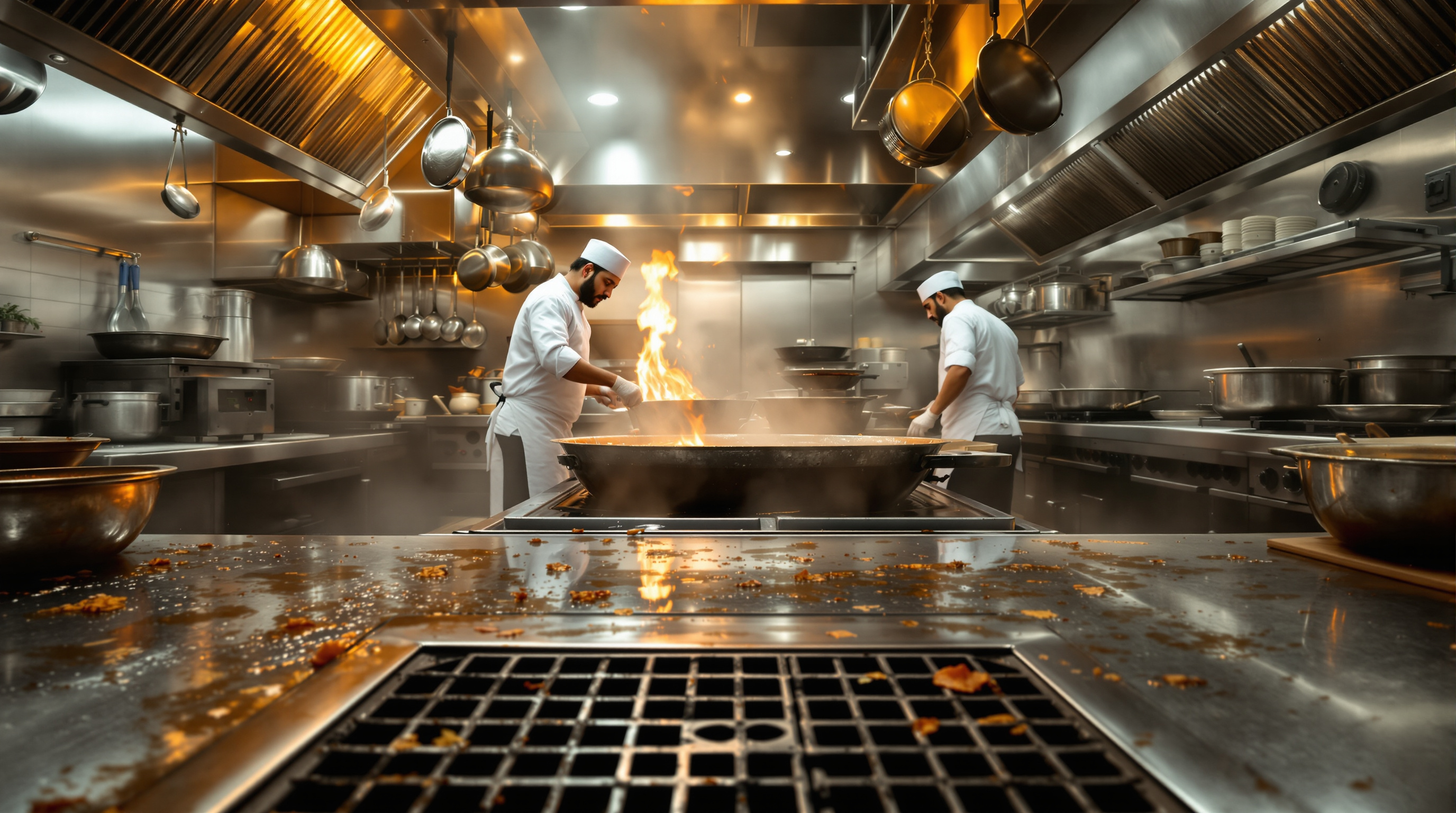 Busy commercial hotel kitchen with Indian chefs cooking over large pans, generating greasy, high-strength wastewater at a floor drain