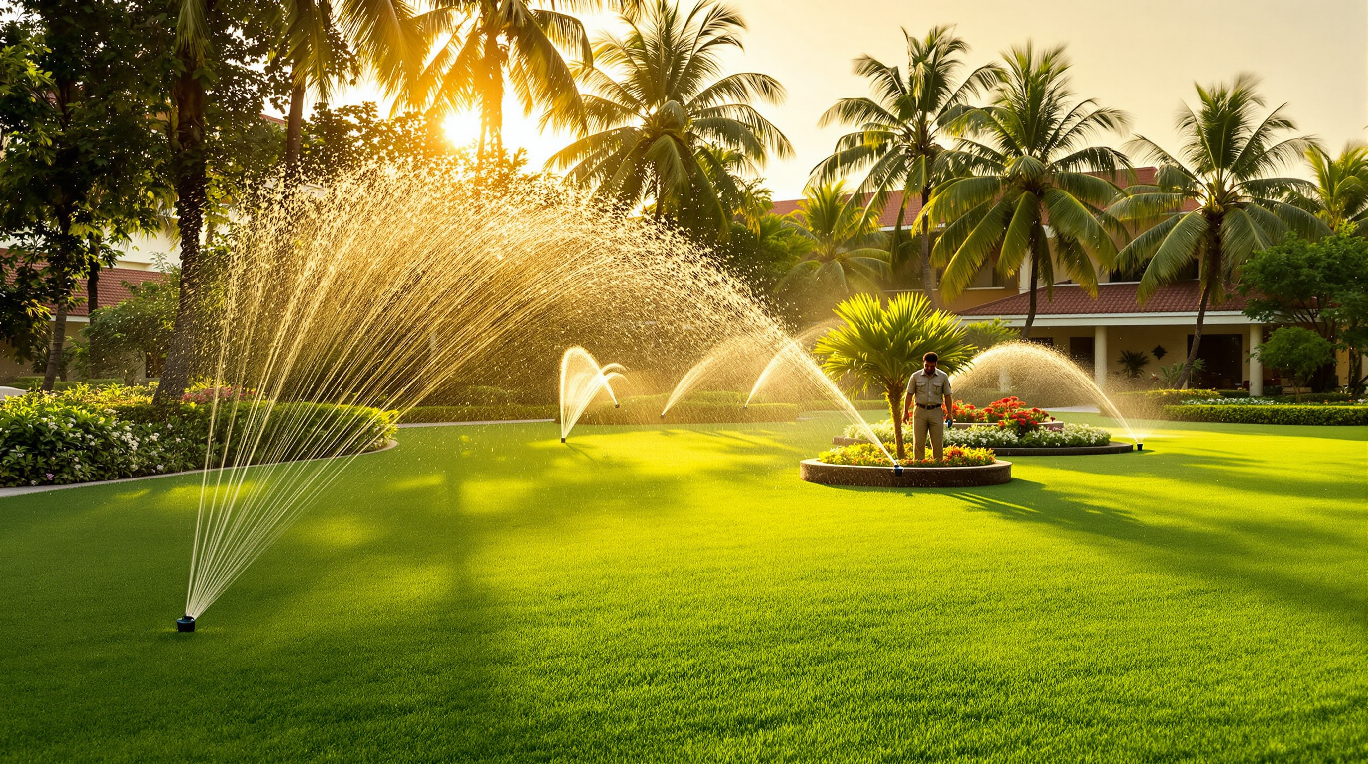 Lush green lawn and tropical planting of an Indian resort hotel being watered by sprinklers using recycled treated water