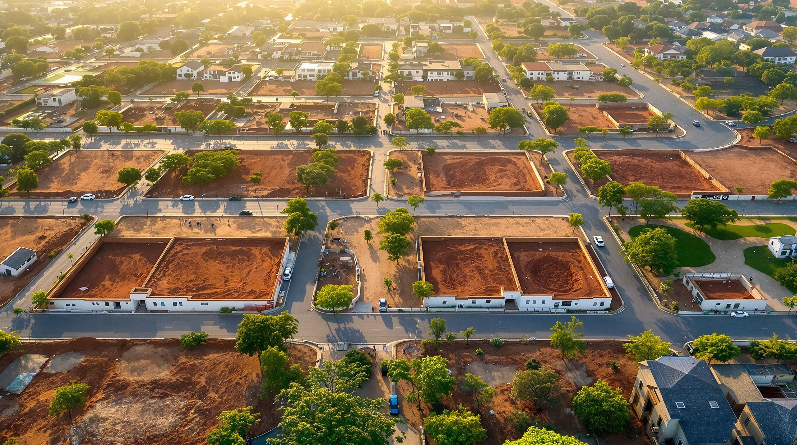Aerial view of an Indian plotted residential layout with a few finished independent houses scattered among many empty plots, wide tar roads and greenery